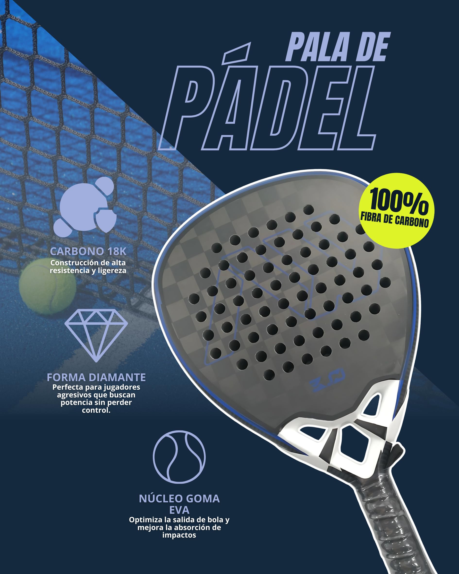 AW DEPORTES Pala de Padel 100% Fibra de Carbono 18K – Raqueta Deportiva con Tecnología Núcleo Goma EVA, 375 grs, AW 3.0 Nitro Negro