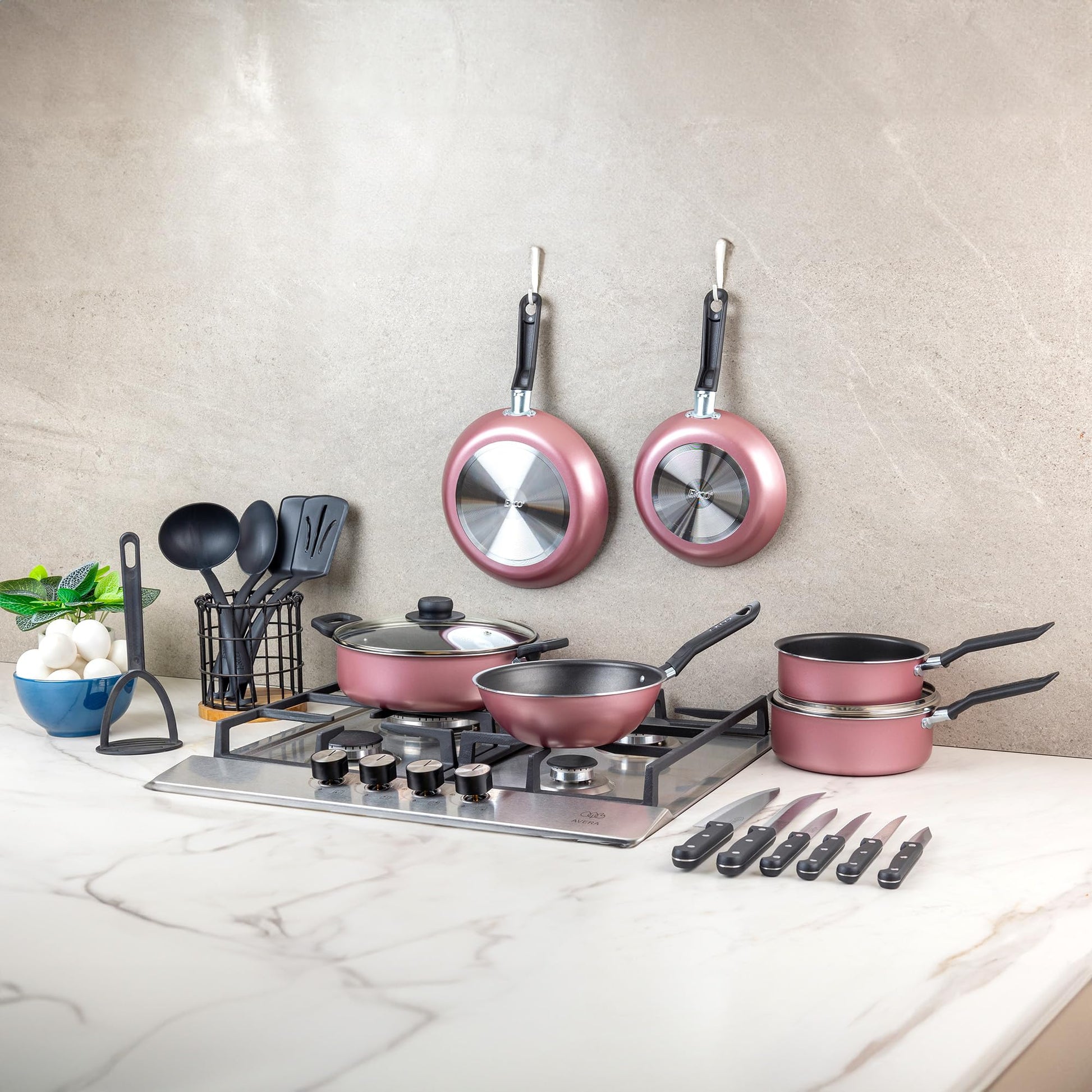 Batería de Cocina Ekco Rosa Antiadherente Serum 19 Piezas de Aluminio