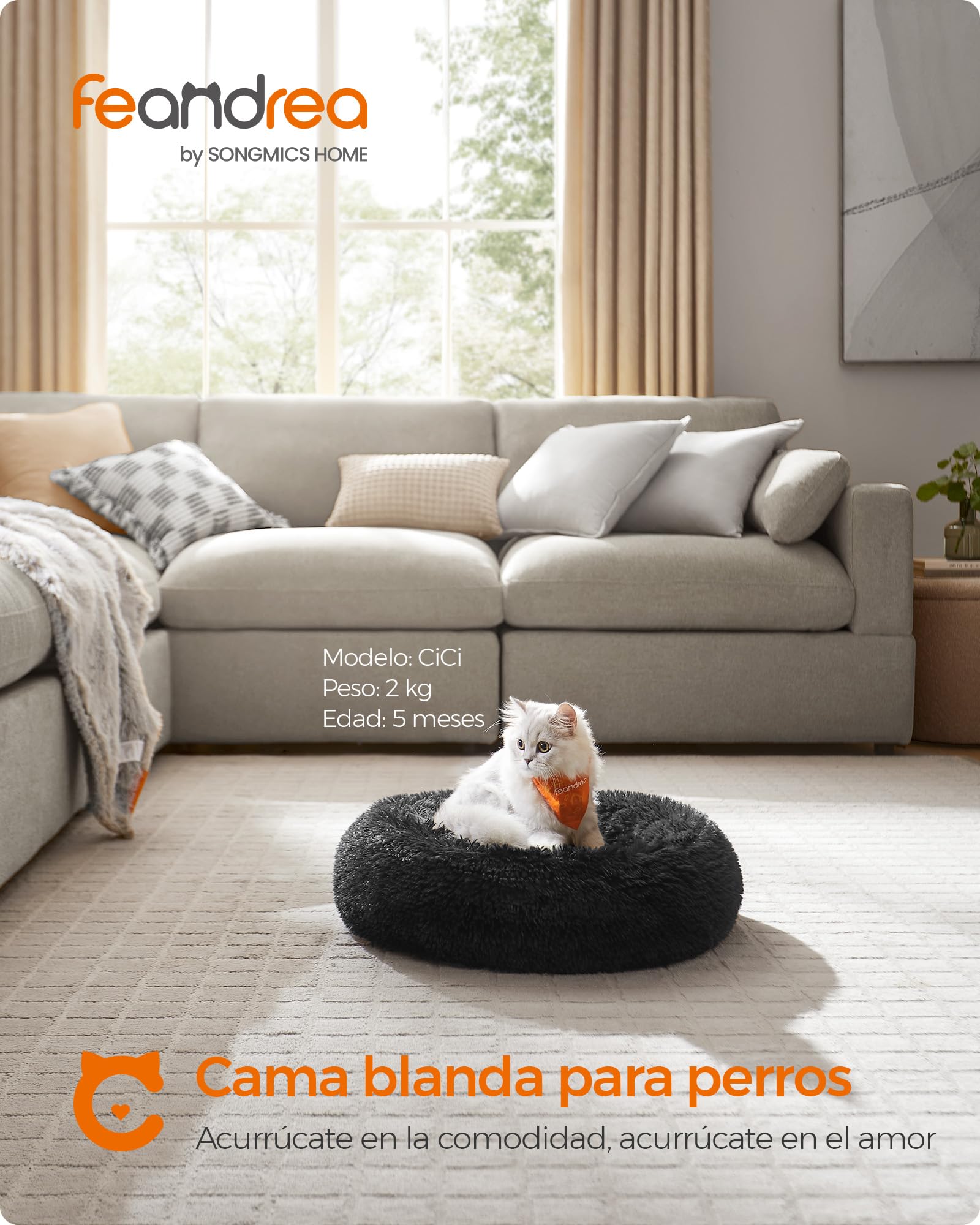 Feandrea Cama de Perros, Cama para Mascotas, Diámetro de 50 cm, Cojín Central Extraíble y Lavable, Alfombra de Felpa, Negro Tinta MPGW037B01