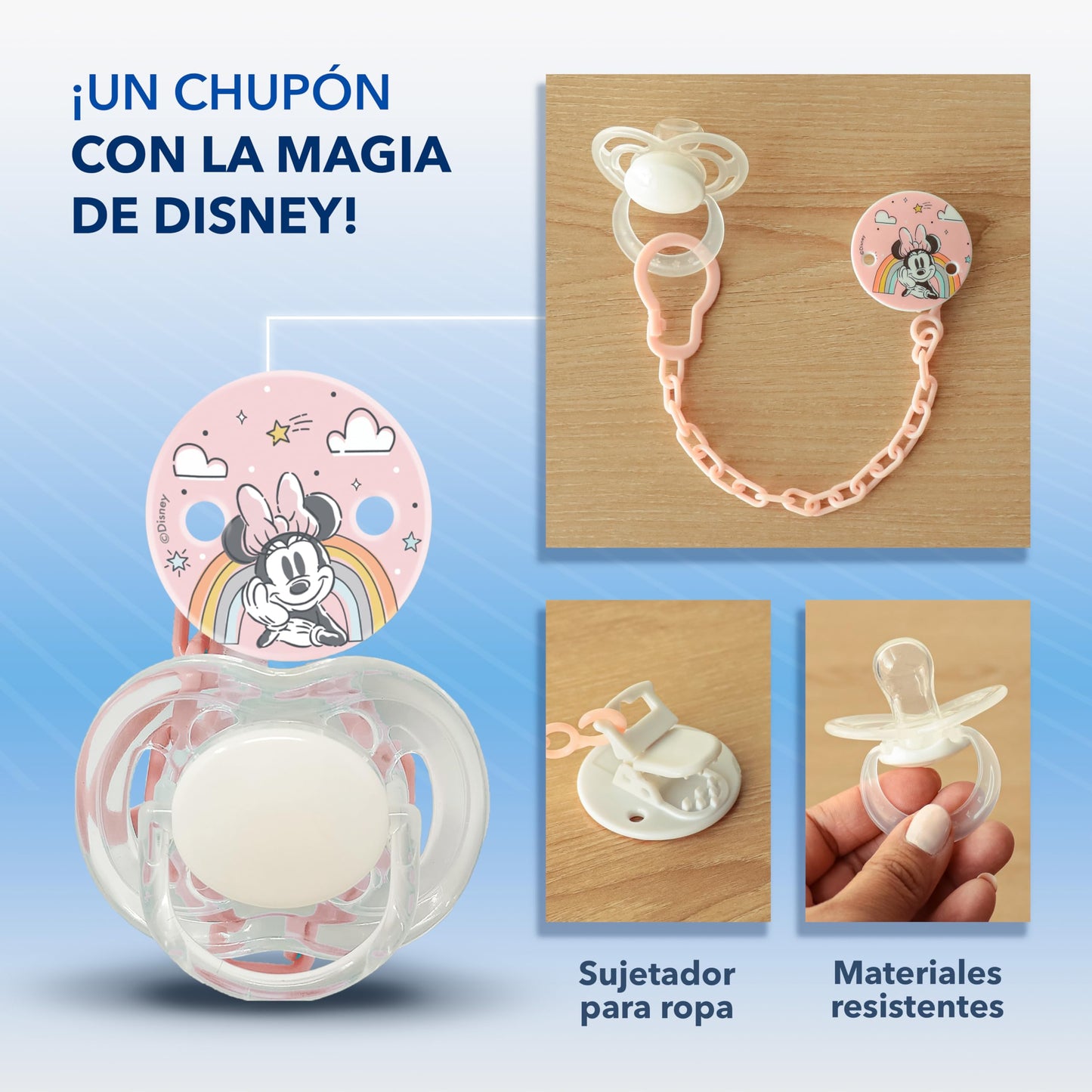 GAIRET Kit de Minnie Mouse para Bebé Niña: Incluye 2 Biberones de 9 oz con Asas y Sellado Antiderrames, 1 Babero Impermeable y 1 Chupón de Silicona con Sujetador de Ropa, Oficial Disney, 4 Piezas
