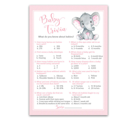 Pink Elephant Baby Shower Games - Juego Baby TRIVIA - Paquete de 25 - Actividad de ducha para niñas, diseño de elefante rosa para bebés, fiesta de revelación de género G500-TRV