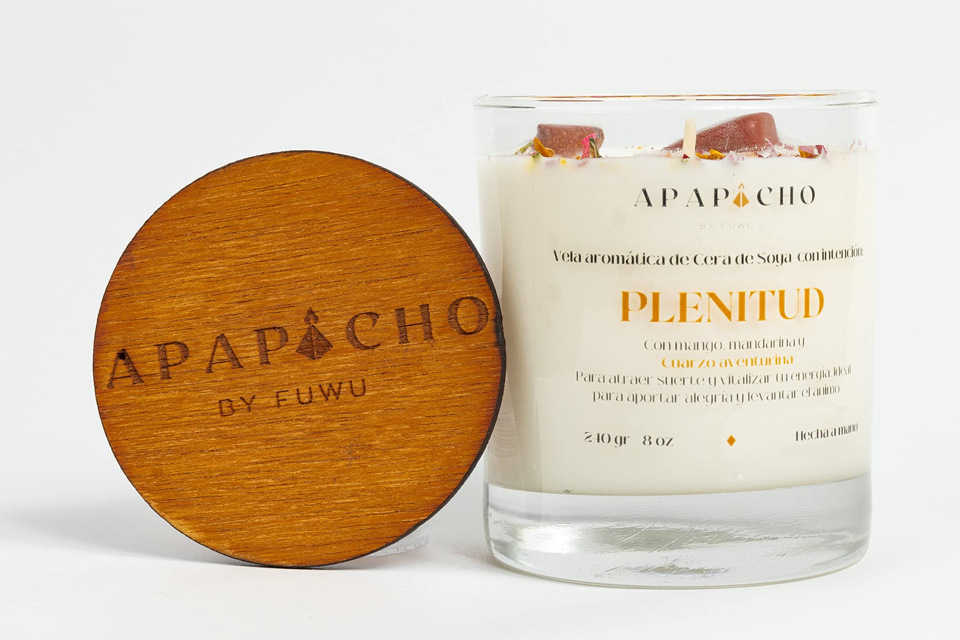 Fuwu, velas aromaticas relajantes de cera de soya con cuarzos naturales, velas decorativas hechas a mano con hierbas de olor, aromatizantes para hogar, velas aromaticas (Mandarina con Mango)