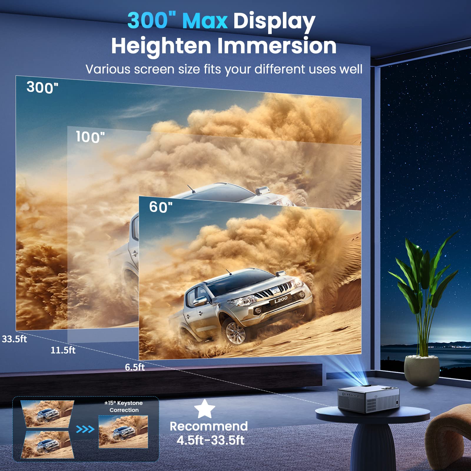FUDONI Proyector con WiFi 5G y Bluetooth, proyector 1080P 18000L para exteriores con HDMI y USB, función de zoom de visualización máxima de 300 pulgadas para películas y juegos, compatible con TV
