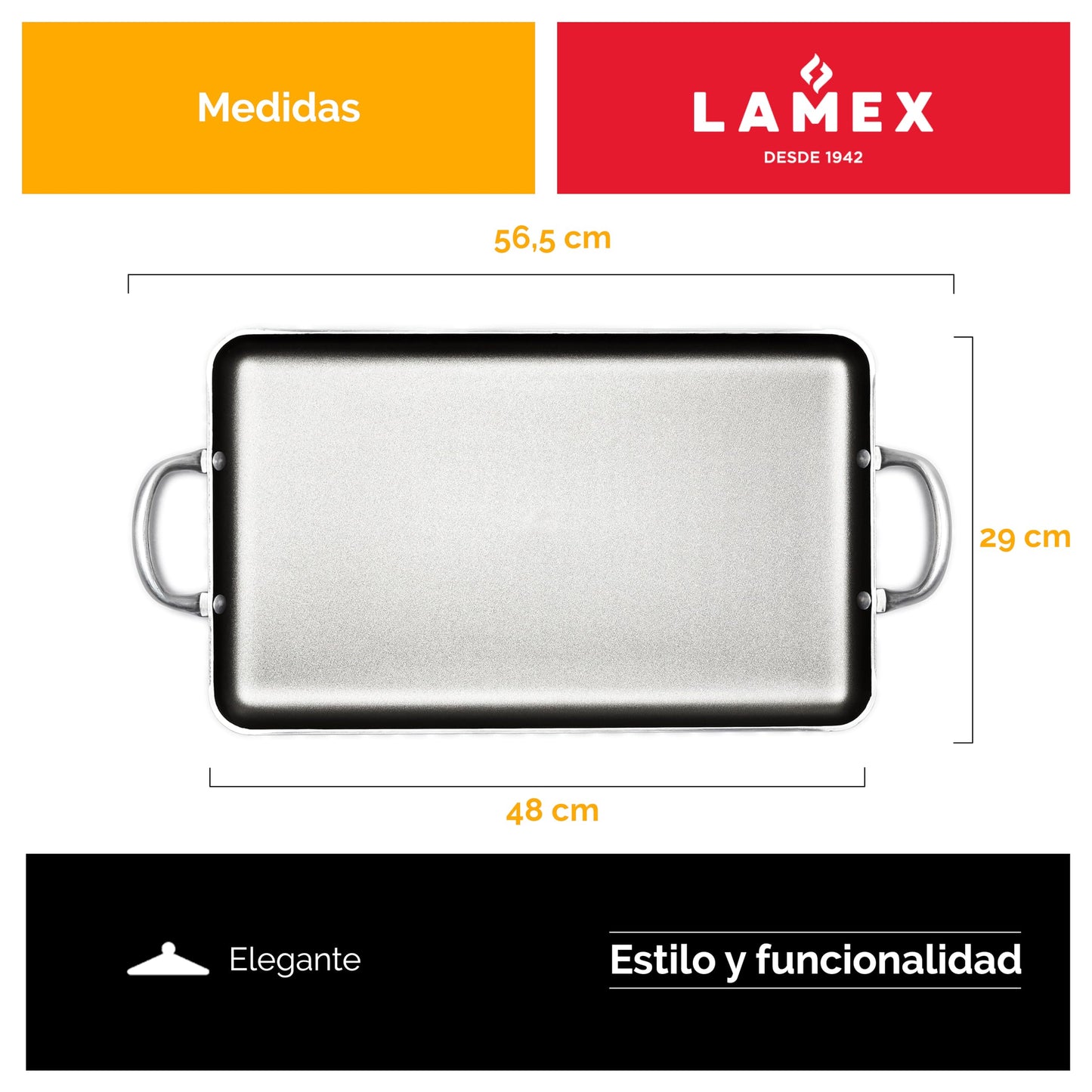 LAMEX | Charola Texas Grill Antiadherente - 4mm de Espesor | Bateria de Cocina - Utensillos de Cocina | Charolas para Hornear - Ideal para tu Hogar & Cocina Integral | Resistente Asas de Aluminio