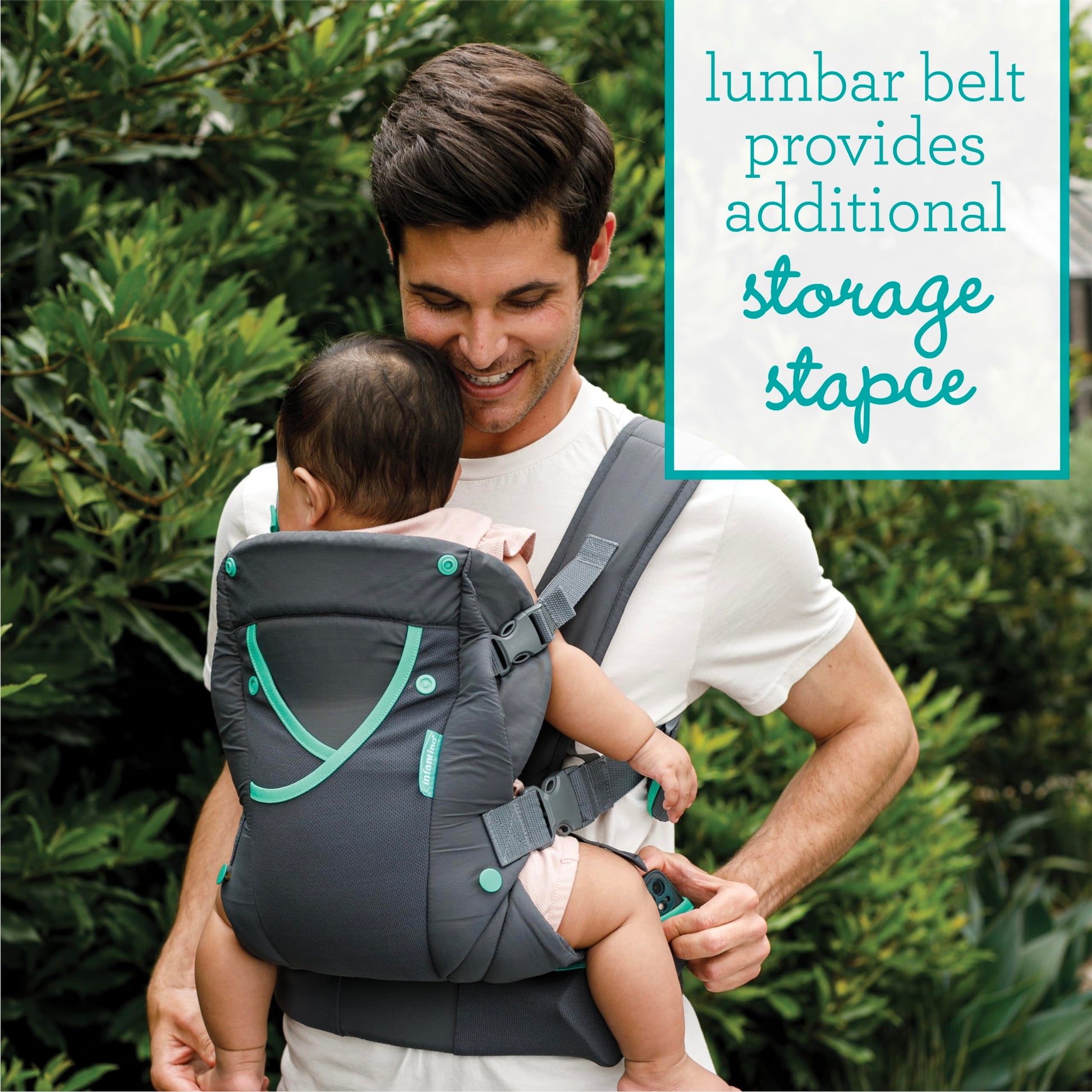Infantino Carry On Active - Portabebés ergonómico con múltiples bolsillos para bebés y niños, 8-40 libras, con correas acolchadas, almacenamiento de cinturón lumbar y lazo para chupete