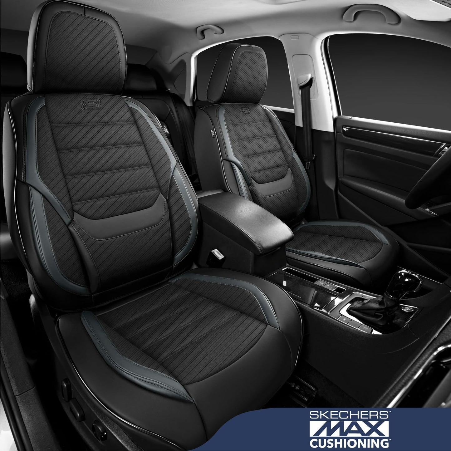 Skechers MAX Cushioning - Fundas de asiento de coche, fundas de asiento de coche de cuero y espuma viscoelástica, impermeable, protector de asientos de coche, asientos delanteros, cojín de asiento de