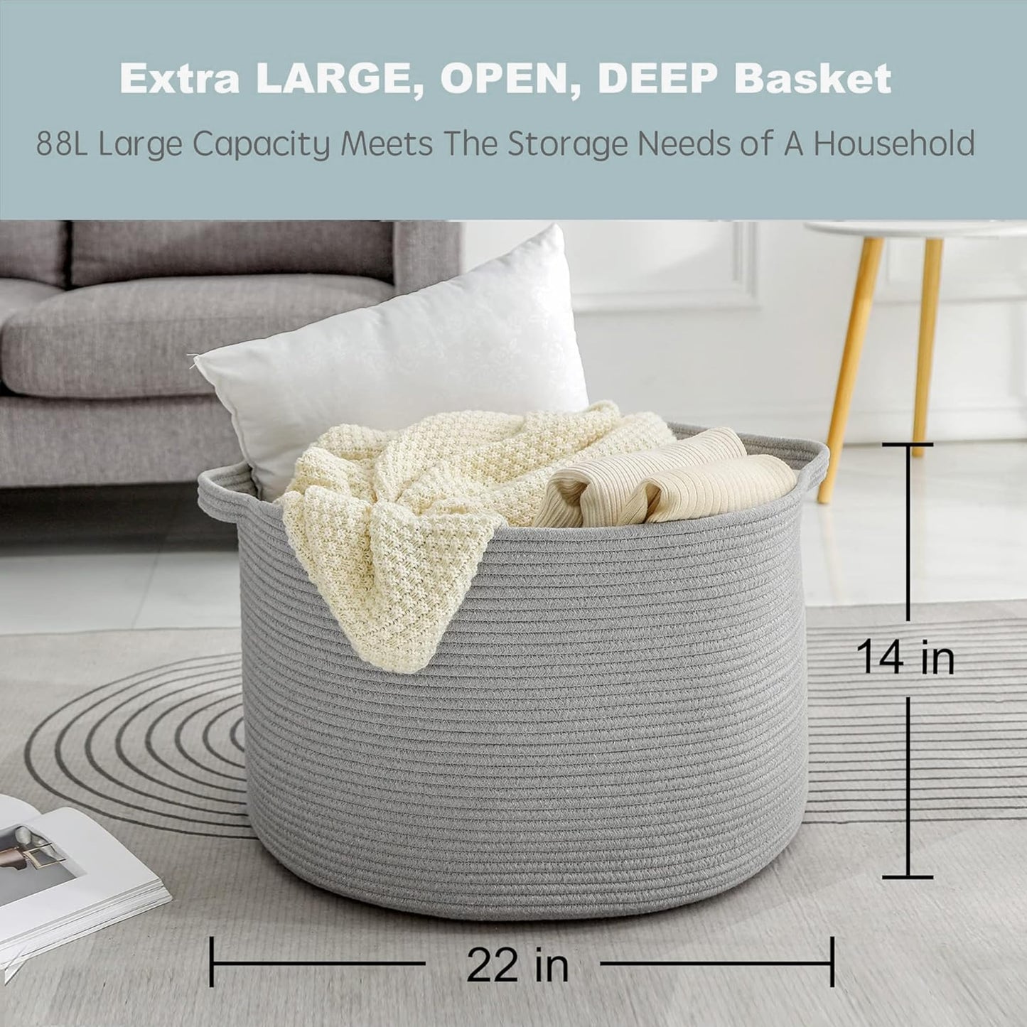 MEGASKET Cesta de almacenamiento extragrande gris, 22 x 22 x 14 pulgadas, cesta de manta XXXL para sala de estar, cestas de cuerda de algodón tejido de mimbre gris para almacenamiento, cestas