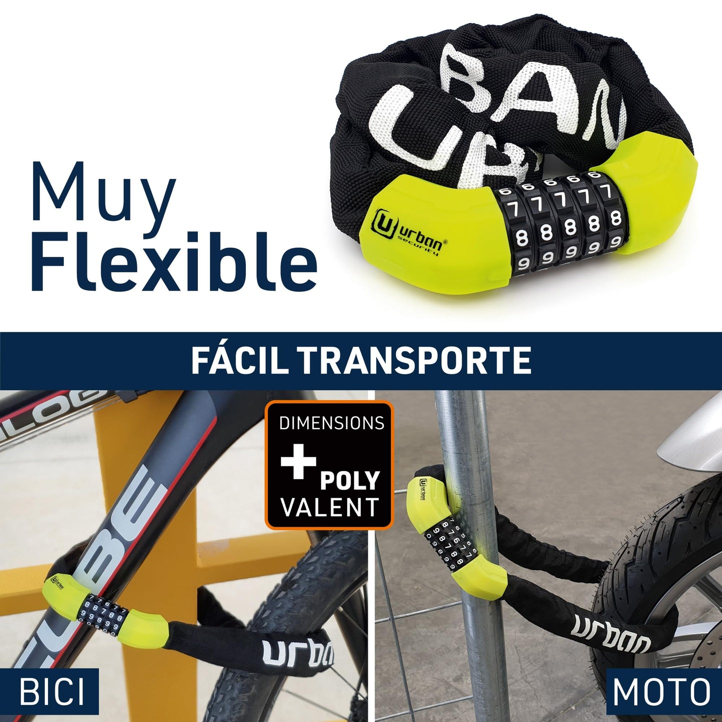 URBAN UR890 Candado de Bicicleta Cadena Antirrobo Moto con Combinación de Código de Seguridad y Funda Textil Bici Scooter Patinete Acero de Ø8 100cm