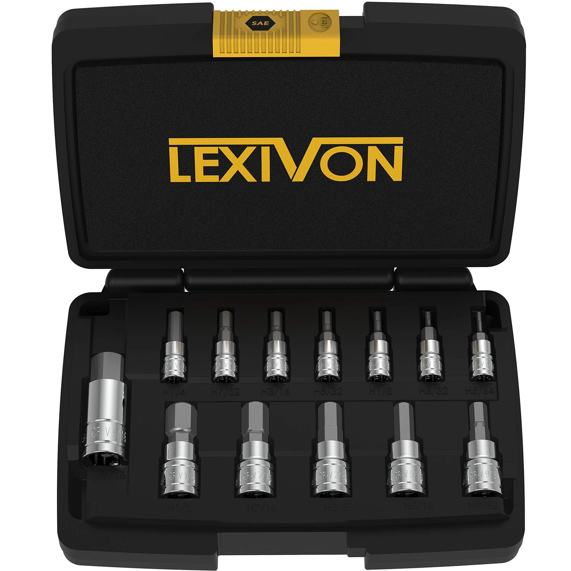 LEXIVON Juego de brocas HEX de aleación de acero S2 de alta calidad | Juego de 13 piezas SAE 5/64 pulgadas – 9/16 pulgadas | Estuche de almacenamiento mejorado (LX-142)