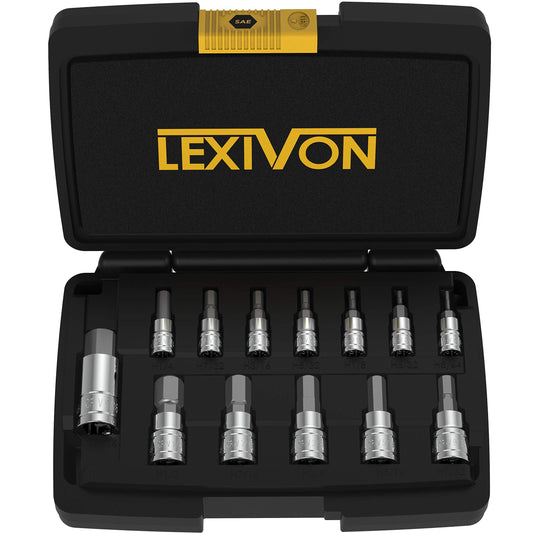 LEXIVON Juego de brocas HEX de aleación de acero S2 de alta calidad | Juego de 13 piezas SAE 5/64 pulgadas – 9/16 pulgadas | Estuche de almacenamiento mejorado (LX-142)