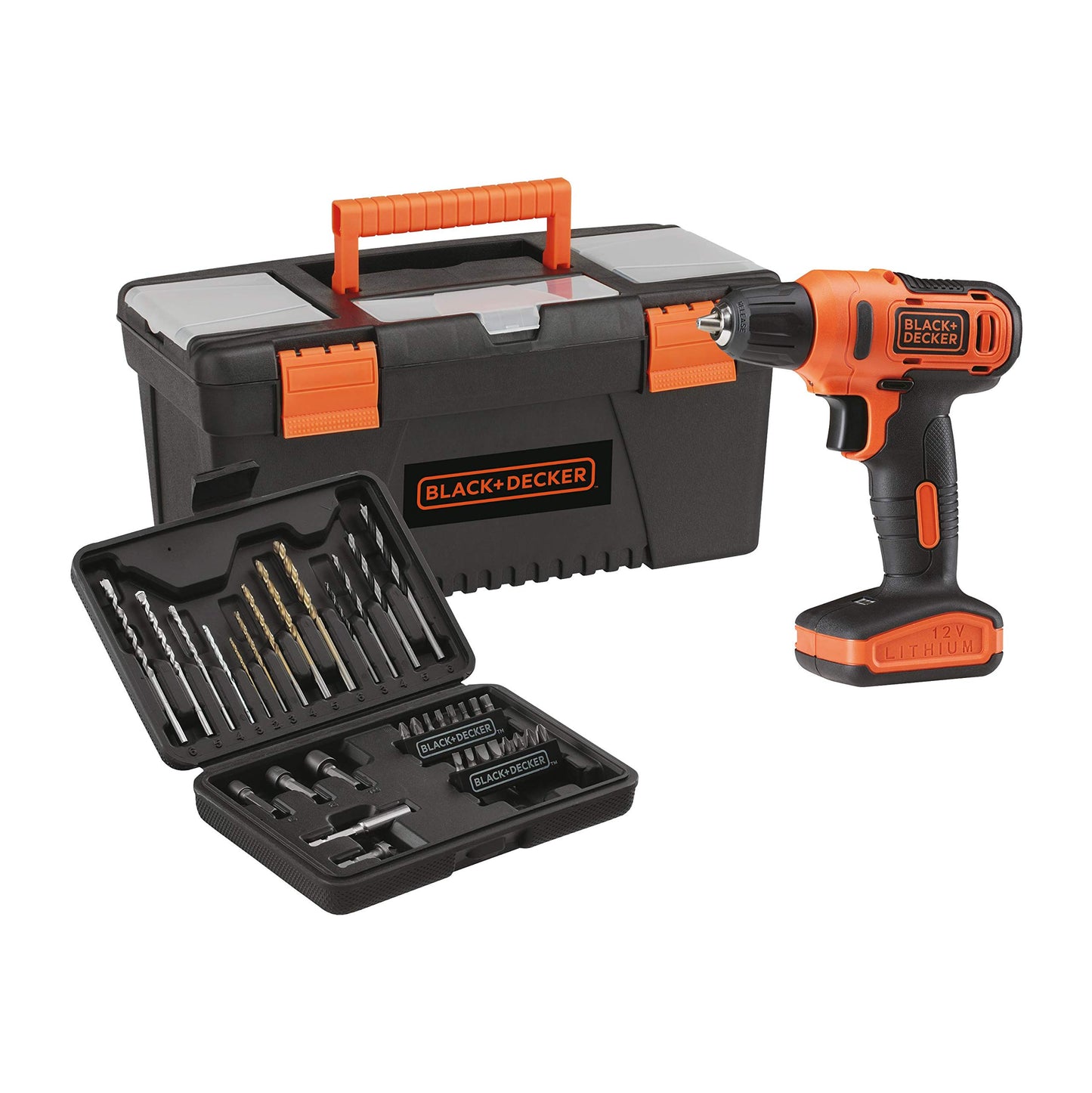 BLACK+DECKER Taladro Atornillador 3/8" (10mm), 12V, Incluye 34 Accesorios y Caja de Herramientas, LD12BA