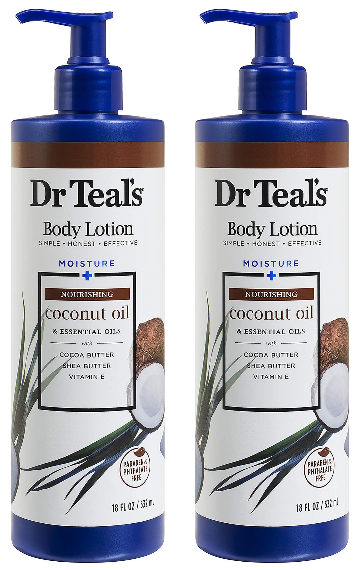 Dr Teal's Body Lotion - Moisture Plus - Coconut Oil & Essential Oils, 18 Fl Oz 2-Pack (36 Fl Oz)