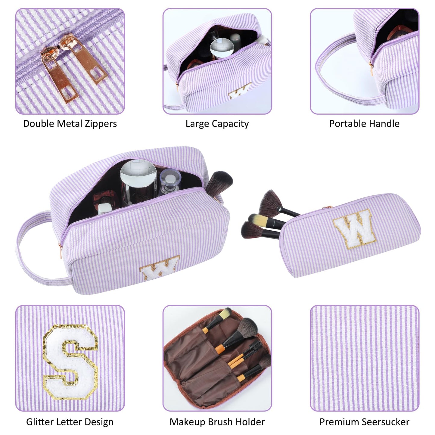 Huifen - Bolsa de maquillaje personalizada con inicial A-Z, bolsa de aseo de viaje para niñas, bonita bolsa de cosméticos organizador de maquillaje, boda, cumpleaños, día de la madre, regalos para