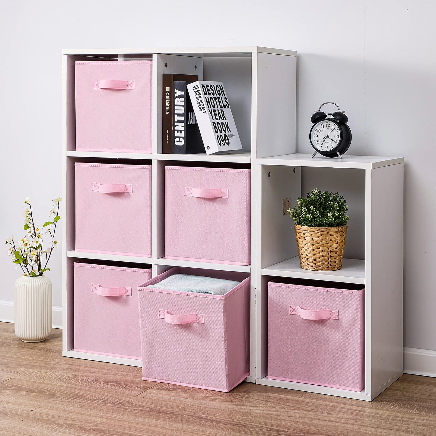 Cubos de tela para almacenamiento, paquete de 6, de 13 x 13 x 13 pulgadas, de colores divertidos y duraderos, con asas, cestas plegables para el hogar,color rosa