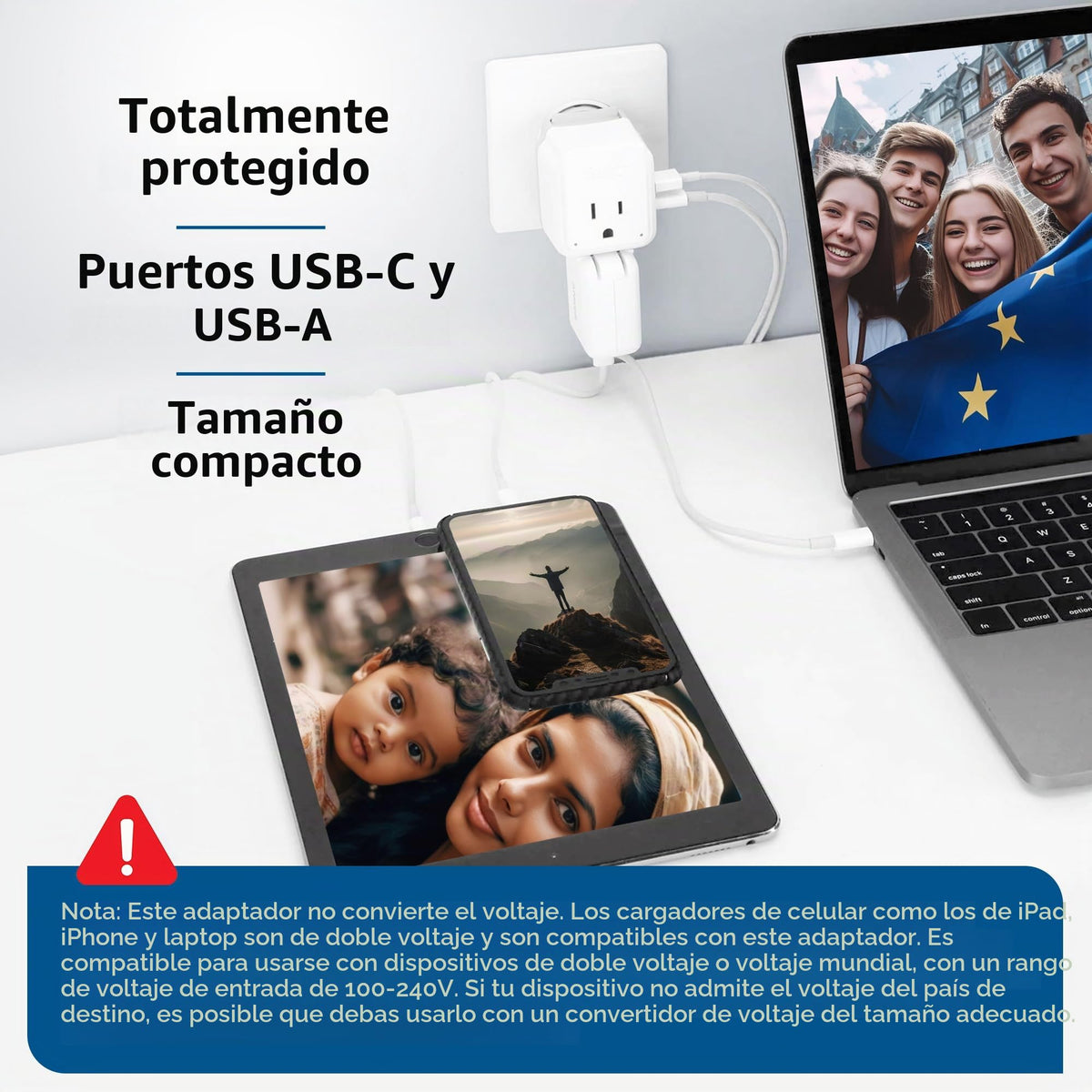 Juego de Adaptador de Enchufe Internacional Ceptics Blanco USB Dual Seguro y USB-C Compacto para Viajes por Europa, Asia, África y en Todo el Mundo