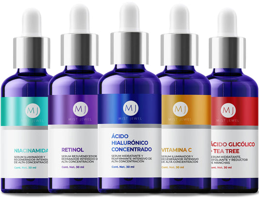 MIST JEWEL Kit sueros faciales Acido Hialurónico, Retinol, Vitamina C + E, Glicólico y Niacinamida | Conjunto de serums Avanzado 5 serum (KIT Facial avanzado)