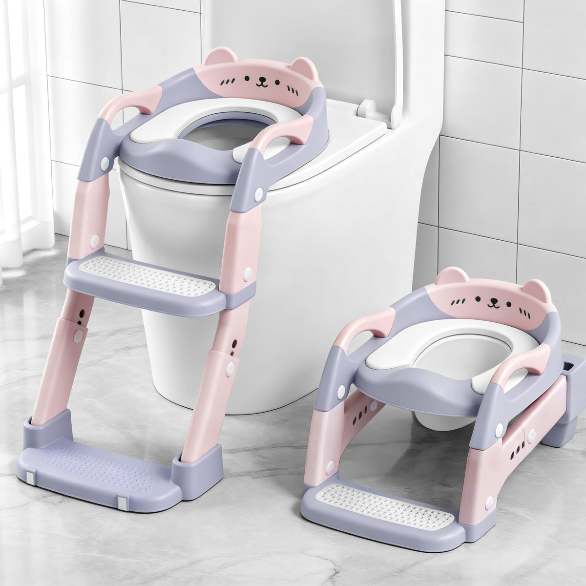 Asiento de entrenamiento para ir al baño, asiento de inodoro para niños y niñas, inodoro 3 en 1 con taburete de escalón, antideslizante plegable (morado + rosa)