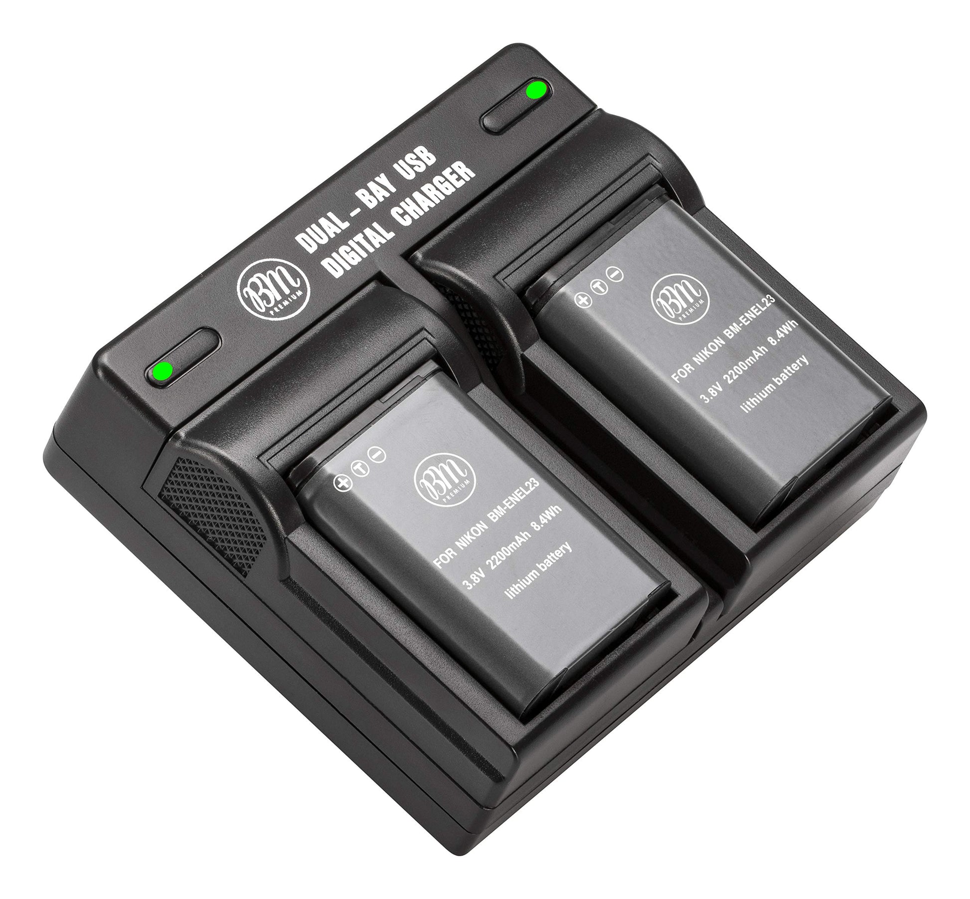 BM Premium - Paquete de 2 baterías EN-EL23 y cargador de batería dual para cámara digital Nikon Coolpix B700, P900, P600, P610, S810c