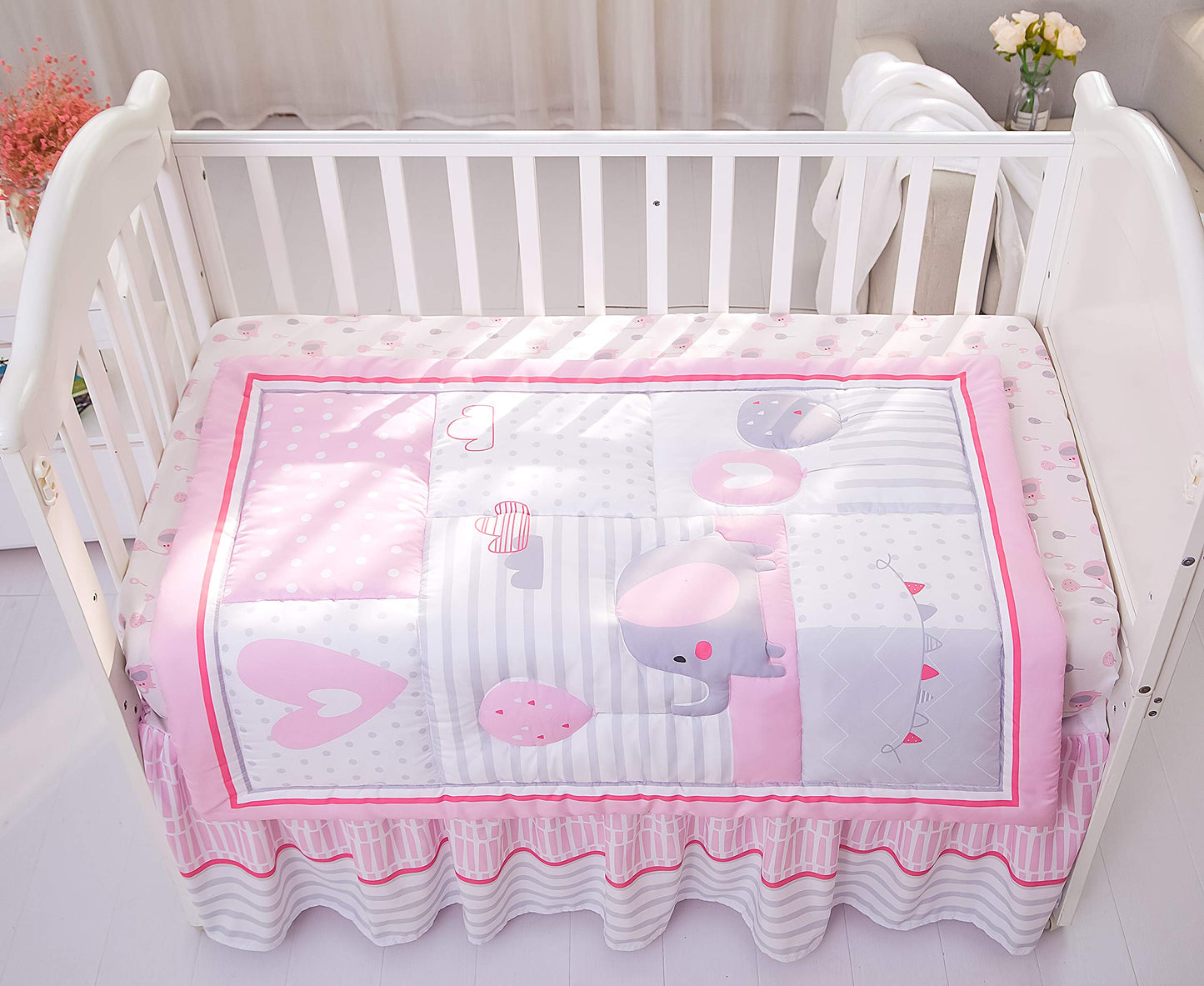 La Premura Baby Elephant Nursery Crib Bedding Set for Girls - Pink Elephant & Love Balloons 3-Piece Standard Size Crib Set, Pink & Gray