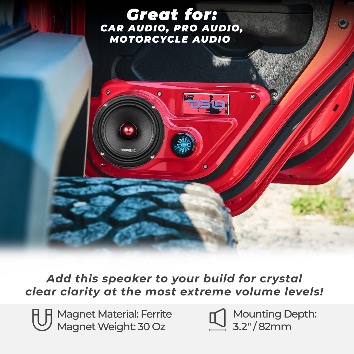 DS18 PRO-X6BM Loudspeaker - 6.5", Midrange, Red Aluminum Bullet, 500W MAX, 250W RMS, 8 Ohms - Premium Quality Audio Door Speakers for Car or Truck Stereo Sound System (1 Speaker)