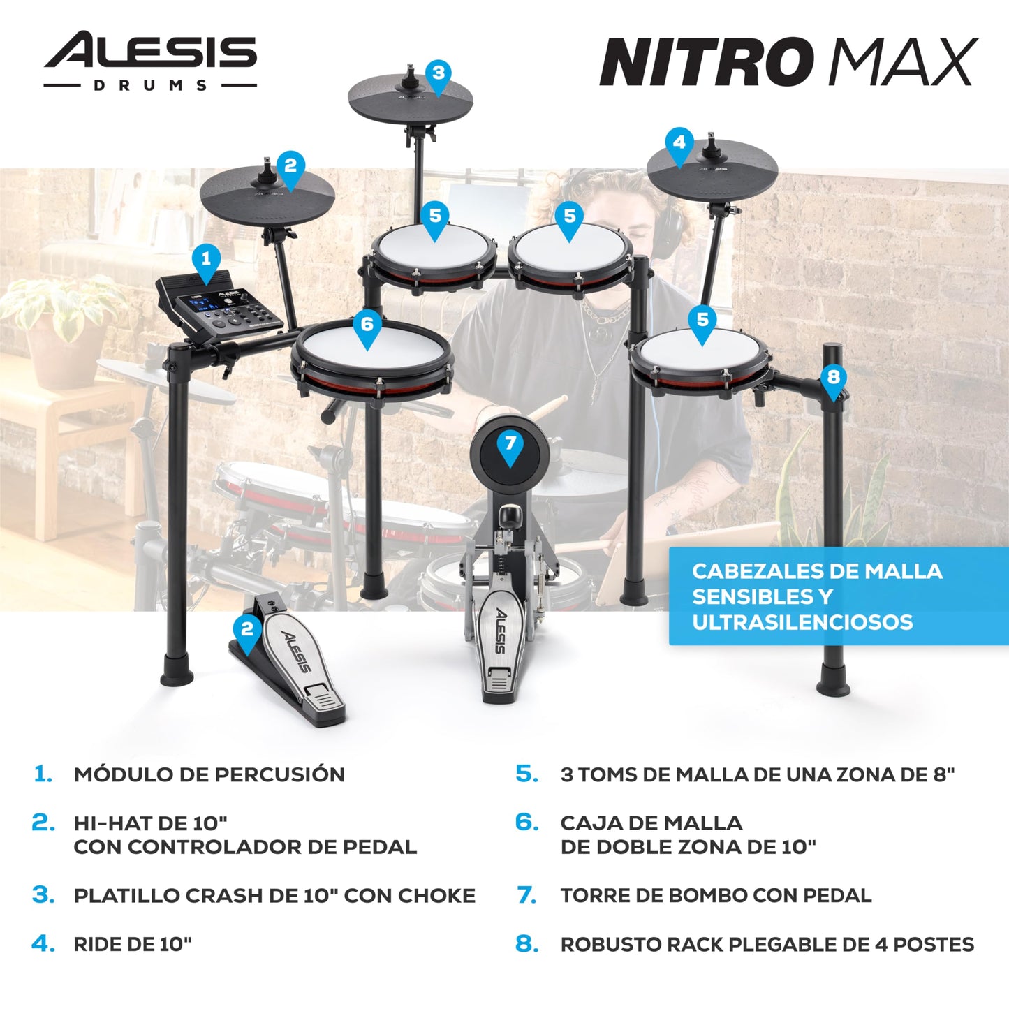 Kit Batería Electrónica Alesis Nitro Max Negra con Parches Malla y Bluetooth