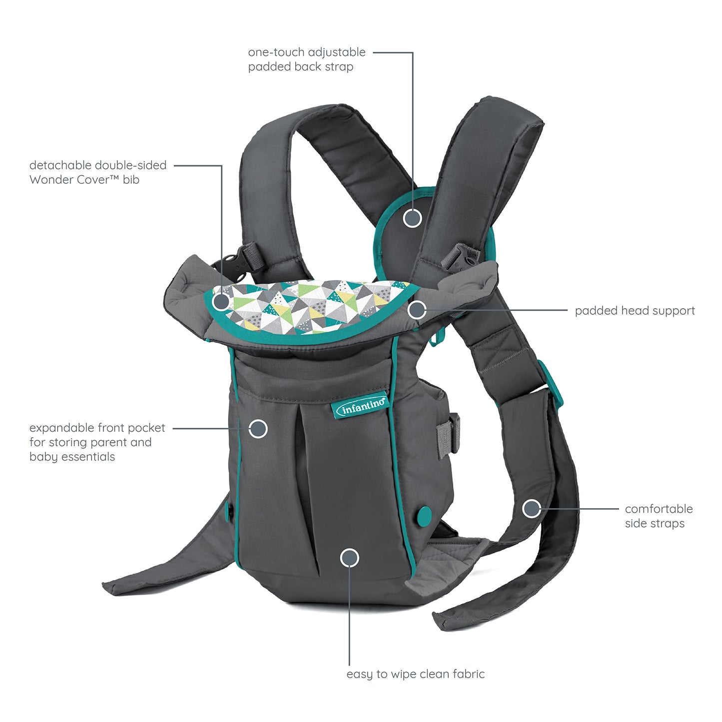 Infantino Swift - Portabebés clásico con bolsillo, 2 maneras de llevar gris con babero Wonder y bolsillo frontal de almacenamiento esencial, correa trasera ajustable, cara interior y exterior, material fácil de limpiar