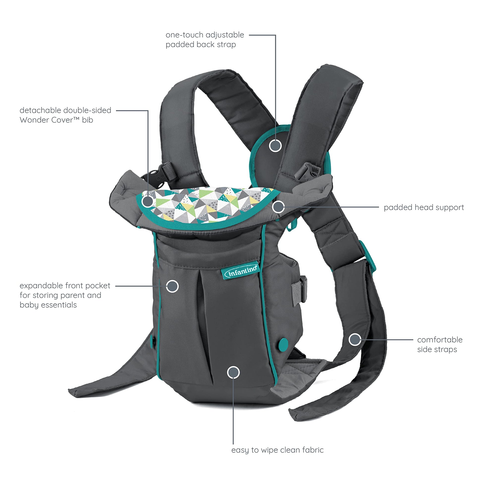 Infantino Swift - Portabebés clásico con bolsillo, 2 maneras de llevar gris con babero Wonder y bolsillo frontal de almacenamiento esencial, correa trasera ajustable, cara interior y exterior, material fácil de limpiar