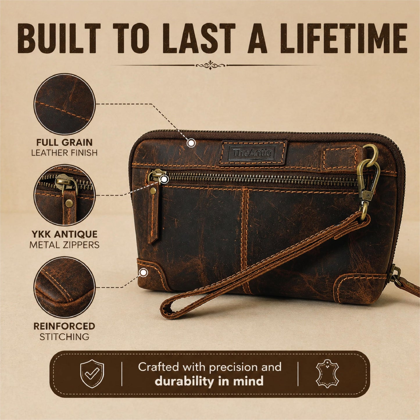 TheAntiq - Bolsa de maquillaje de piel auténtica, organizador de viaje, bolsa de cosméticos hecha a mano, con cierre y correa para la muñeca, Bolsa de maquillaje de viaje café, Estándar