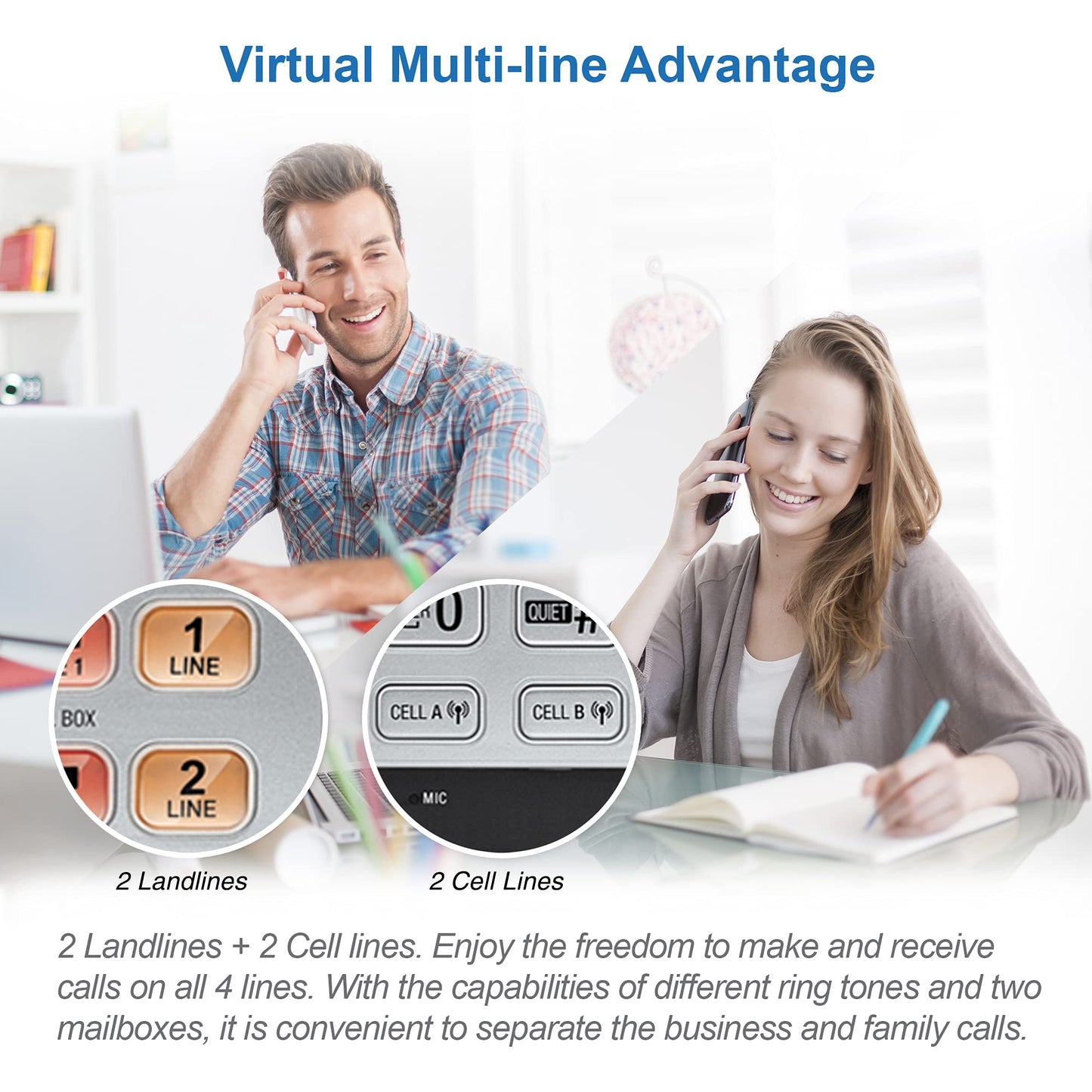 AT&T TL86103 DECT 6.0 Connect to Cell 2 Line Answering System with Caller ID/Call Waiting, 1 Corded & 1 Cordless Handset, Silver/Black