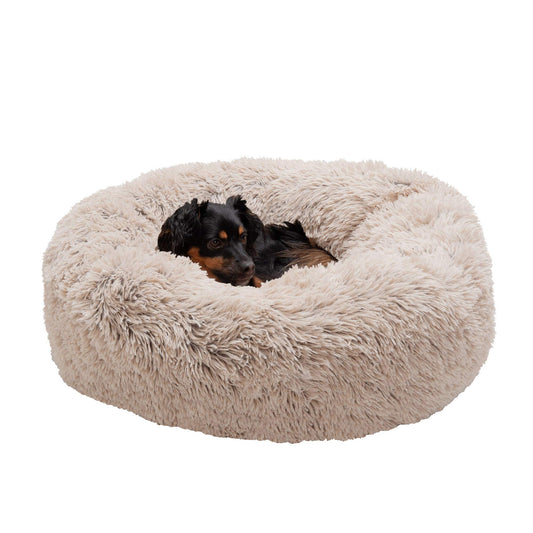 Furhaven 30" Round Medium Donut Dog Bed Plush Long Faux Fur Calming Cuddler w/Removable Washable Cover - Taupe, Medium