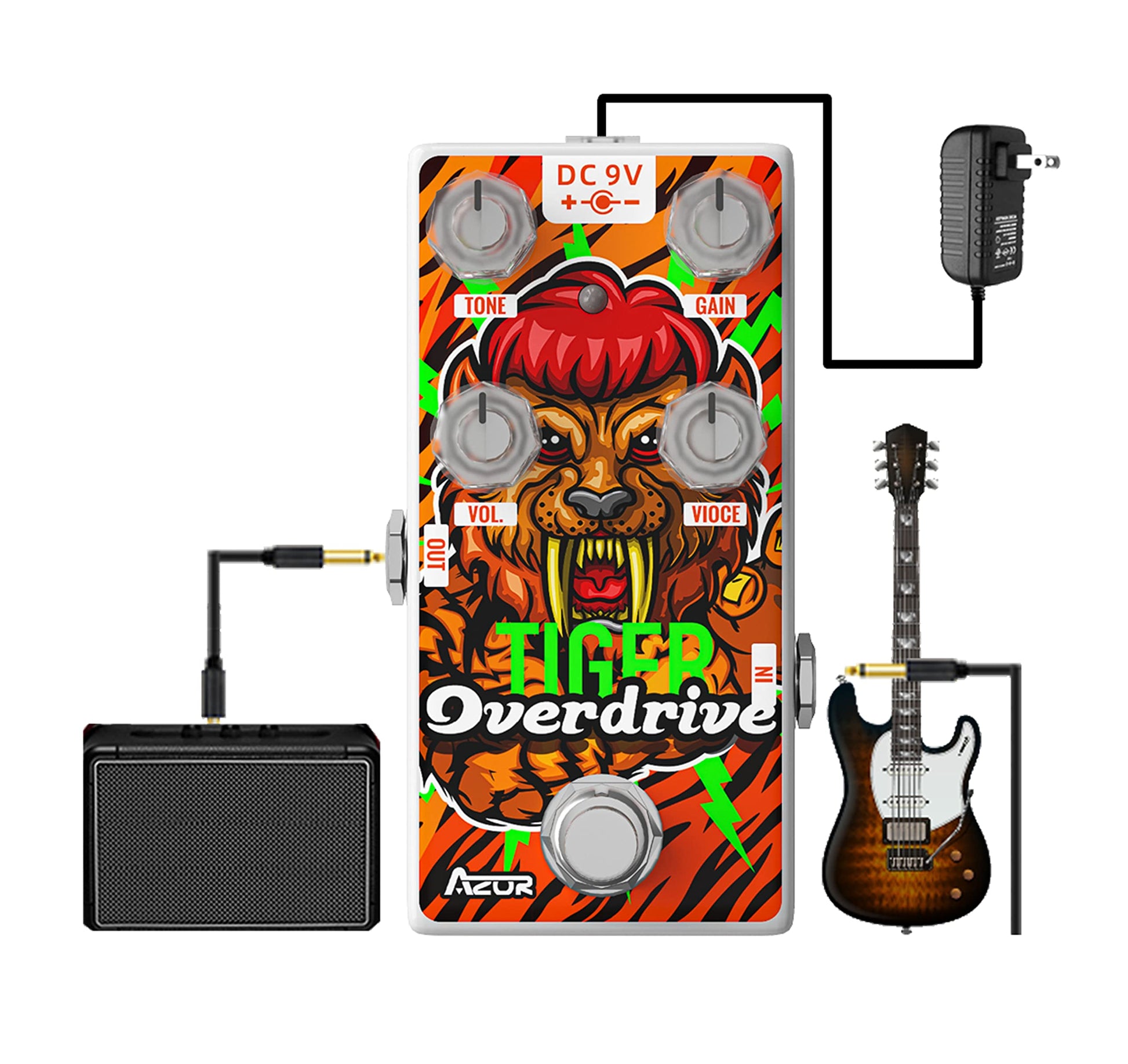 AZOR Overdrive - Pedal de efecto de guitarra analógica, clásico, efecto de conducción de tigre, para guitarra eléctrica, pedal de derivación real