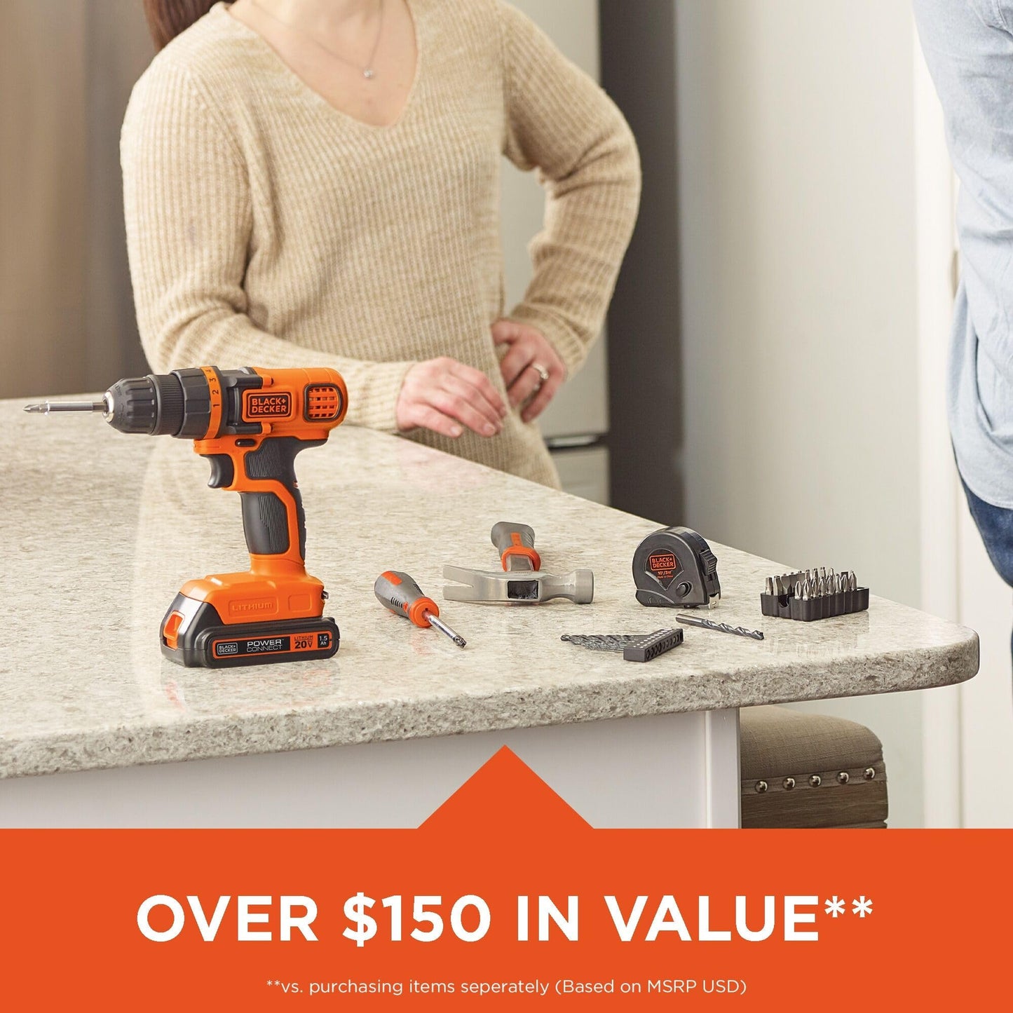 Black + Decker 20V MAX Taladro y kit de herramientas para el hogar, 68 Piezas (LDX120PK), Negro/Naranja