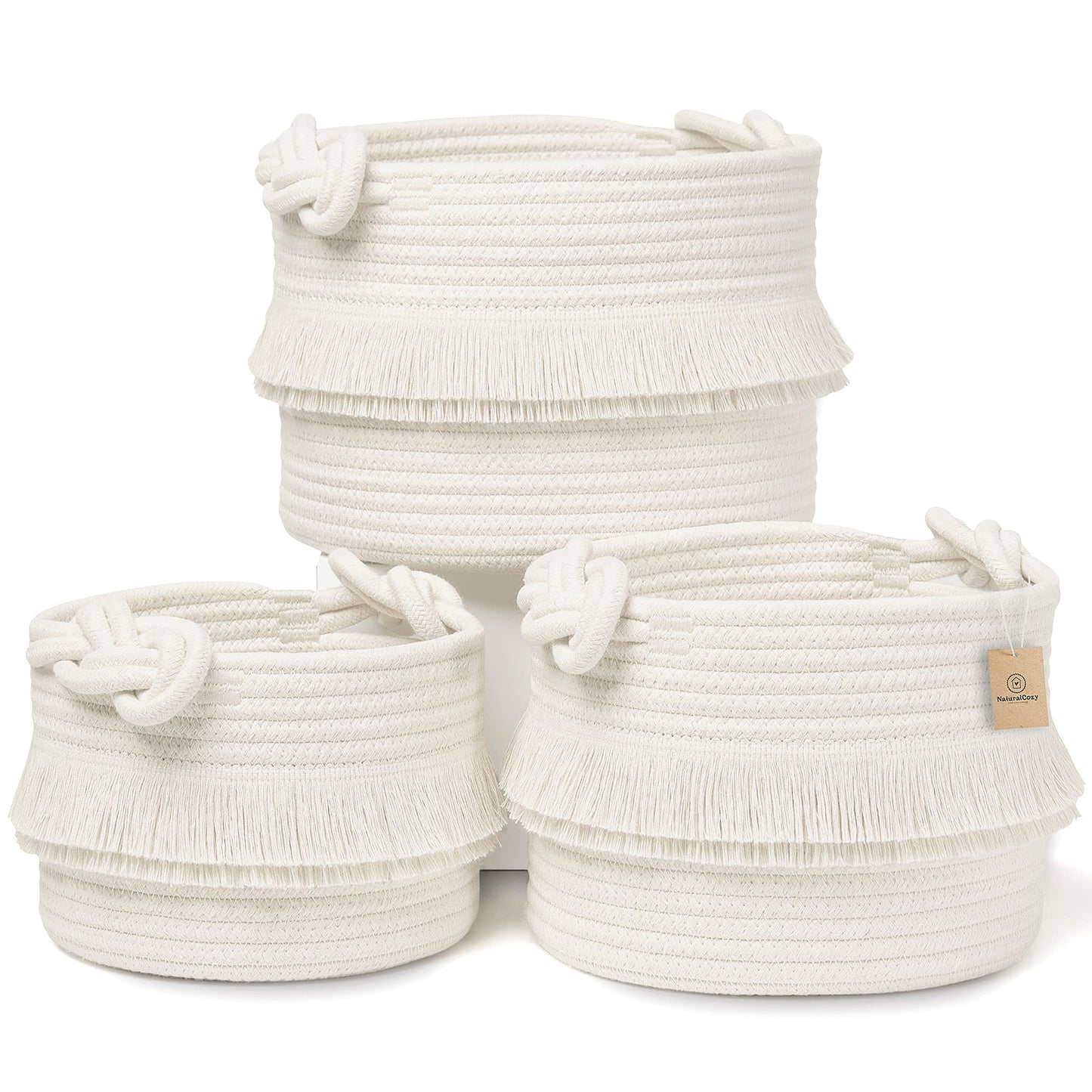 NaturalCozy - Juego de cestas decorativas de almacenamiento de 3 piezas, canastas tejidas de cuerda de algodón para organizar Pequeños contenedores de almacenamiento para guardería, artículos de bebé