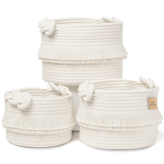 NaturalCozy - Juego de cestas decorativas de almacenamiento de 3 piezas, canastas tejidas de cuerda de algodón para organizar Pequeños contenedores de almacenamiento para guardería, artículos de bebé