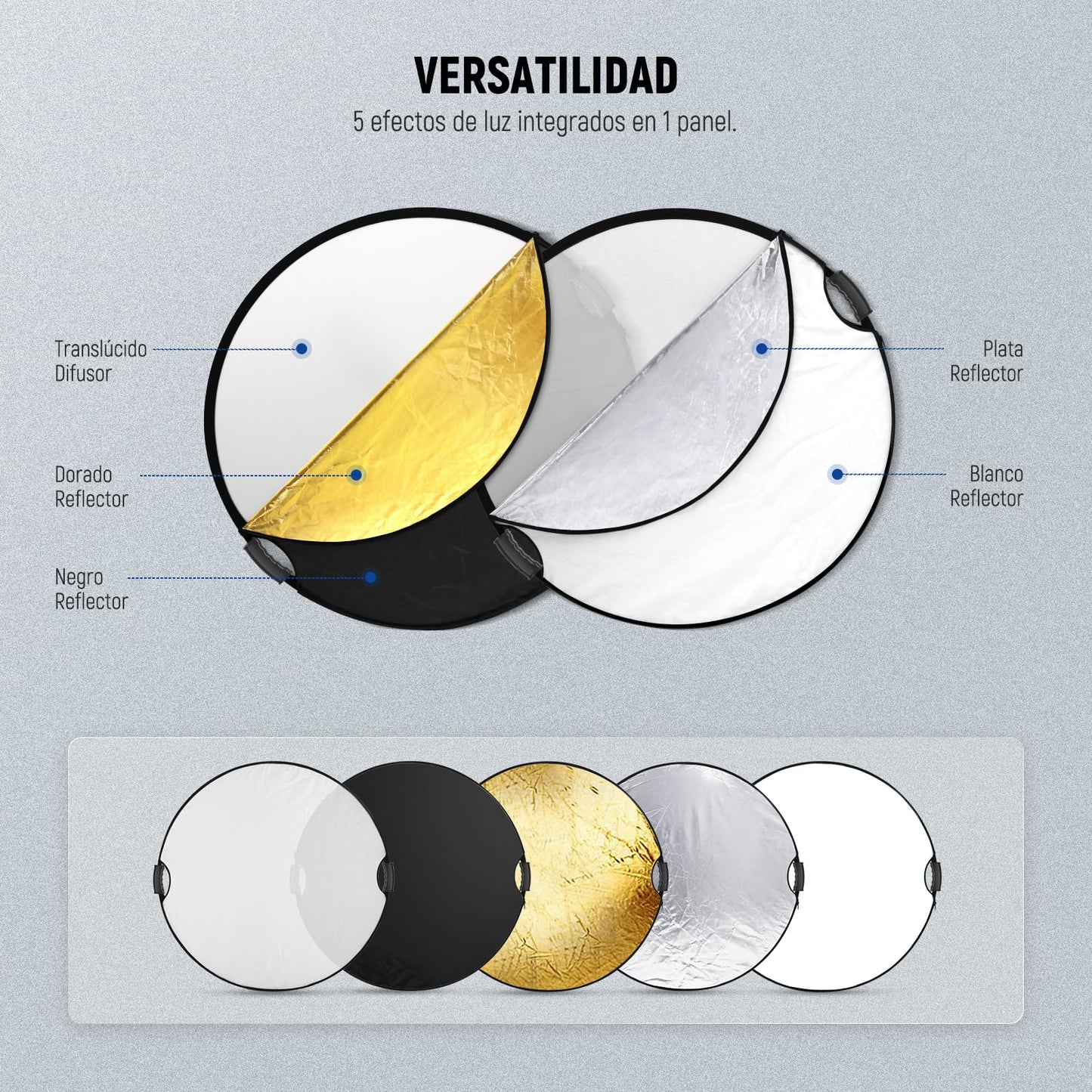 NEEWER 51"/130cm Reflector de Luz con Mango y Rosca de 3/8", Difusor de Luz de Disco Plegable 5 en 1 Translúcido/Plata/Oro/Blanco/Negro para Iluminación de Fotografía, Iluminación Exterior, RF-130II