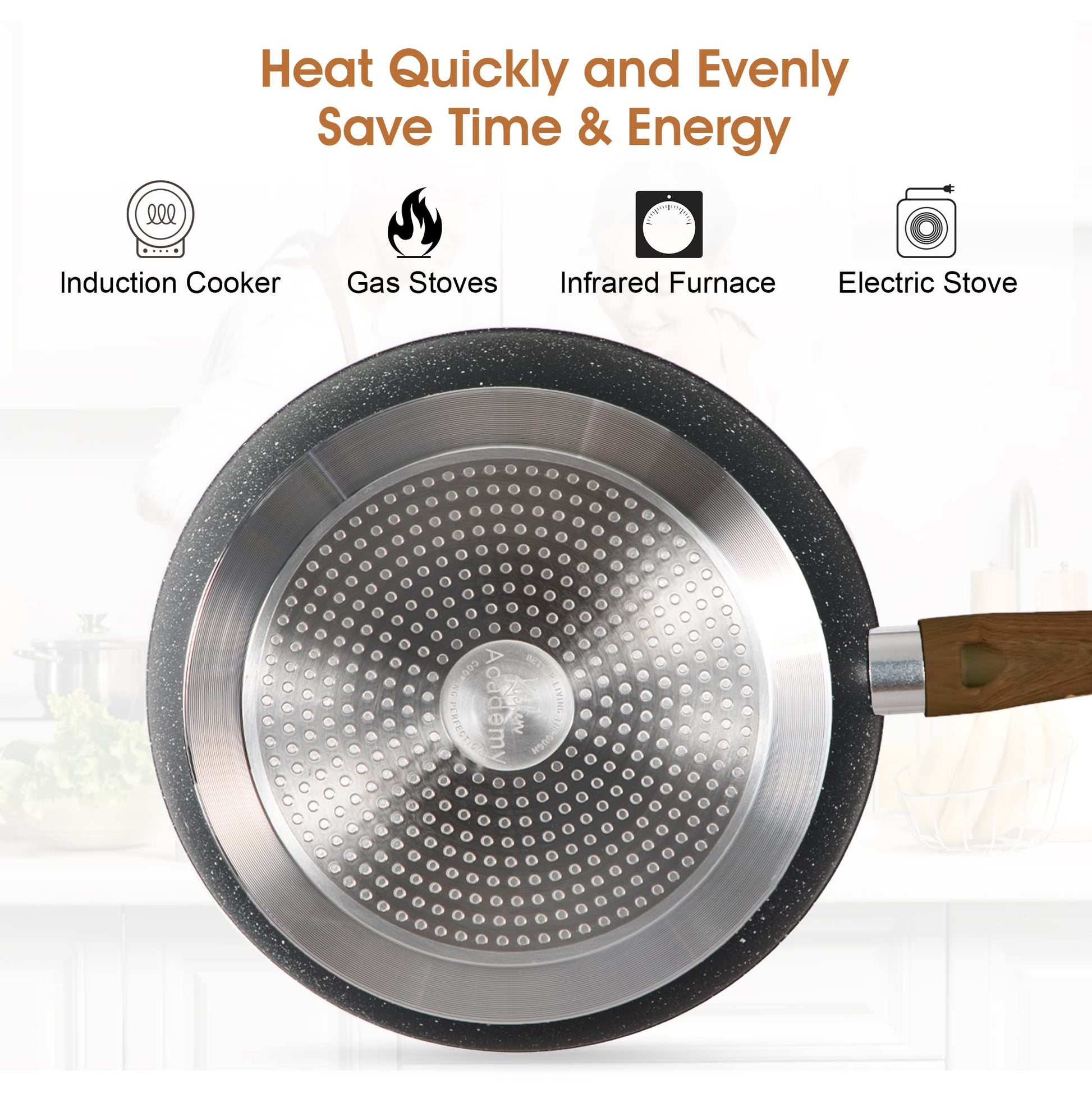 KITCHEN ACADEMY BETTER LIVING THROUGH COOKING PERFECTION Juego de utensilios de cocina de inducción, 17 piezas, antiadherentes, juego de ollas y sartenes de granito negro