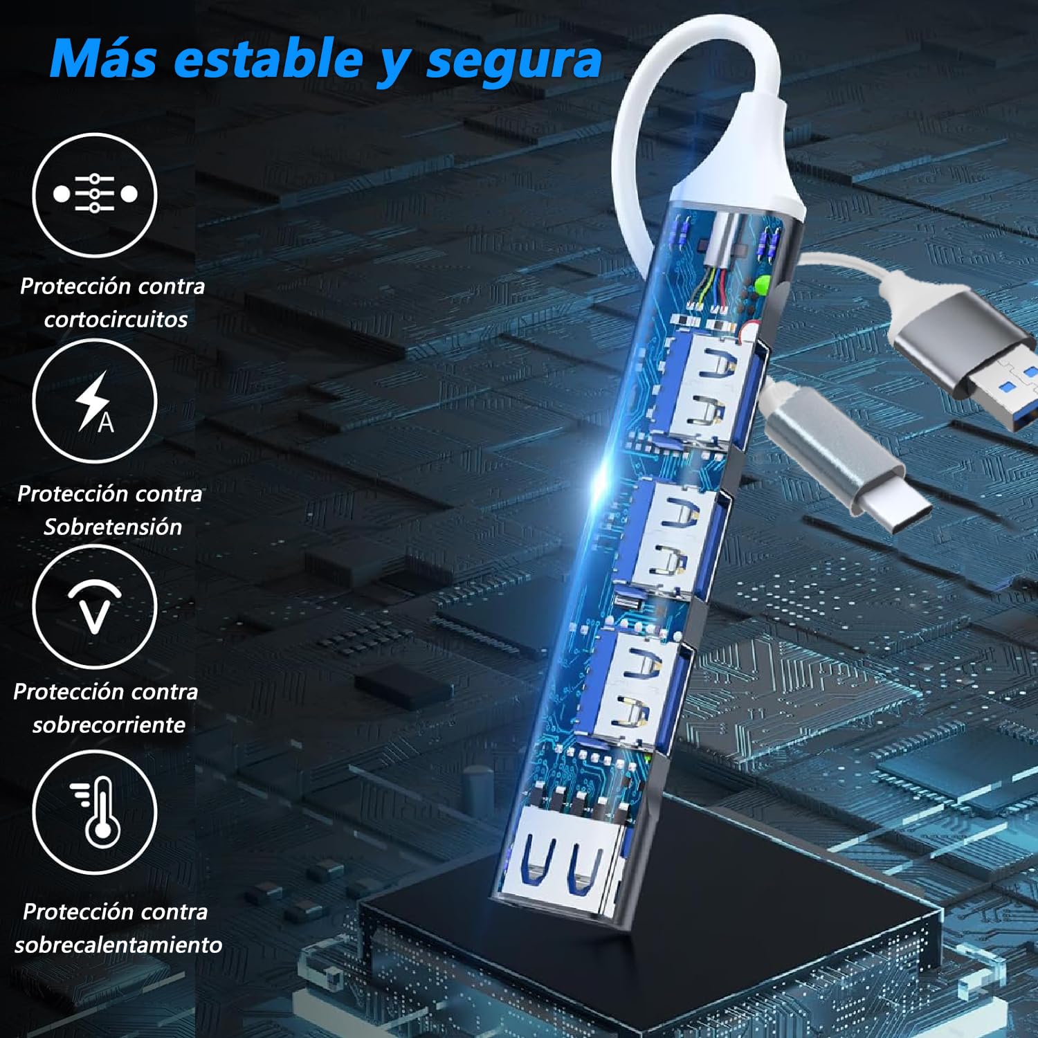 Adaptador USB C 4 en 2 Podero Ultradelgado con Hub USB 3.0 de 4 Puertos en USB A