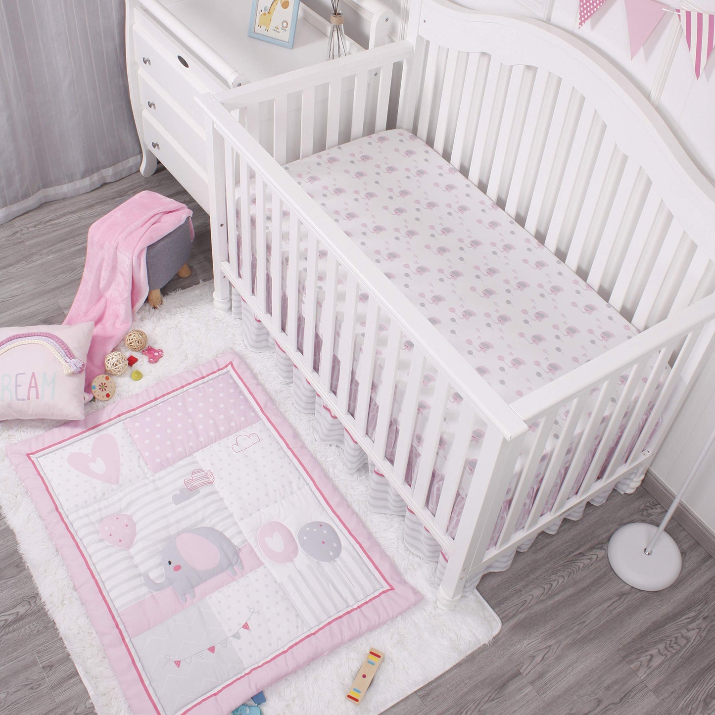 La Premura Baby Elephant Nursery Crib Bedding Set for Girls - Pink Elephant & Love Balloons 3-Piece Standard Size Crib Set, Pink & Gray