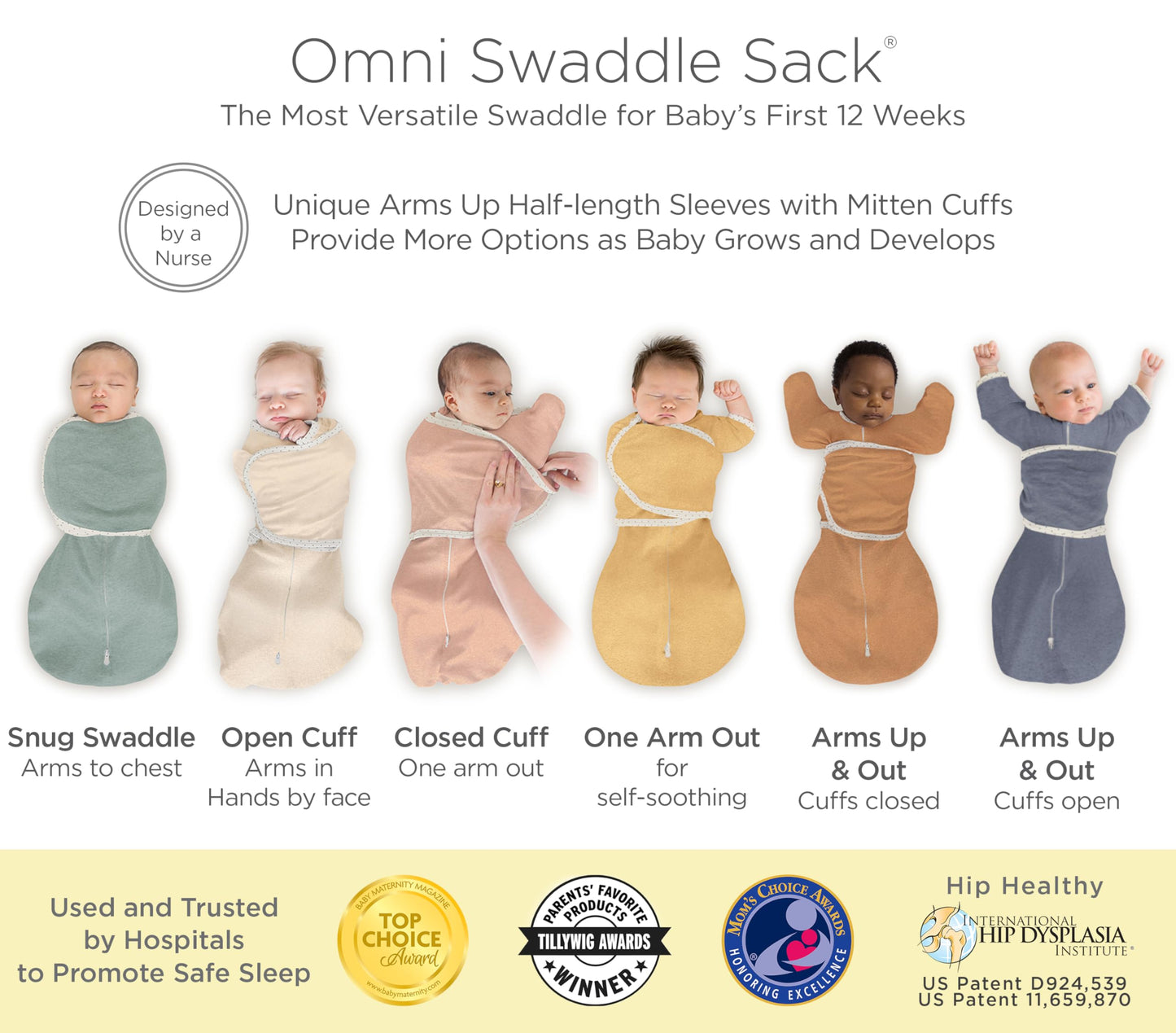 SwaddleDesigns - Saco Omni de 6 vías para recién nacido con mangas envolventes y puños de manopla, fácil transición, mejor sueño para bebés y niñas, jadeíta jaspeada, S, 0-3 meses