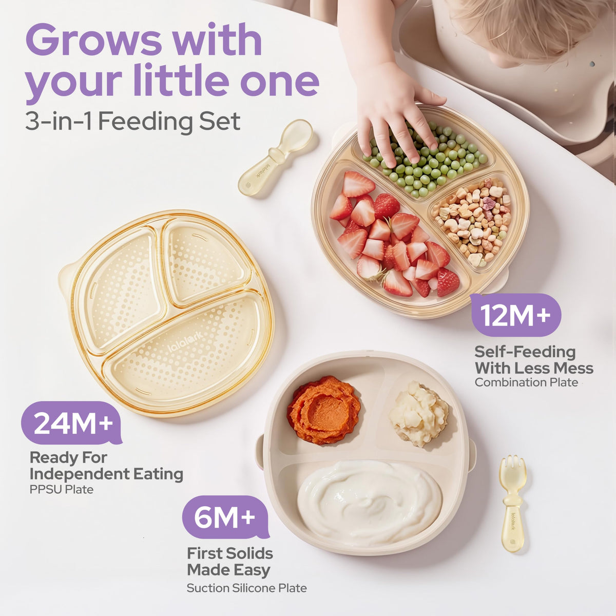 Platos y utensilios de PPSU 3 en 1, placas de succión para niños pequeños de grado biberón de alta calidad con tenedor de cuchara, platos de silicona basados en escenarios para autoalimentación