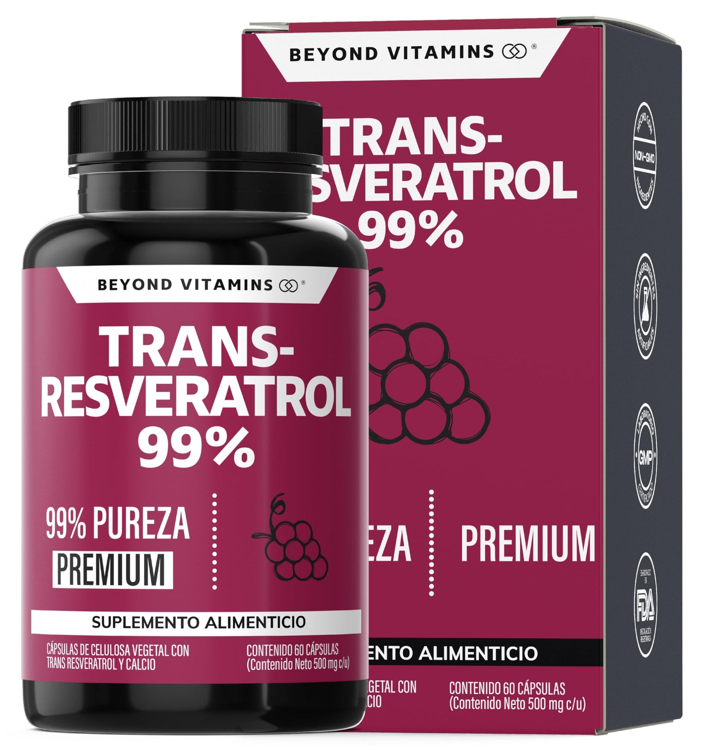 Cápsulas Veganas Beyond Vitamins Blanco Alta Concentración de Resveratrol Calidad Premium 2 Meses