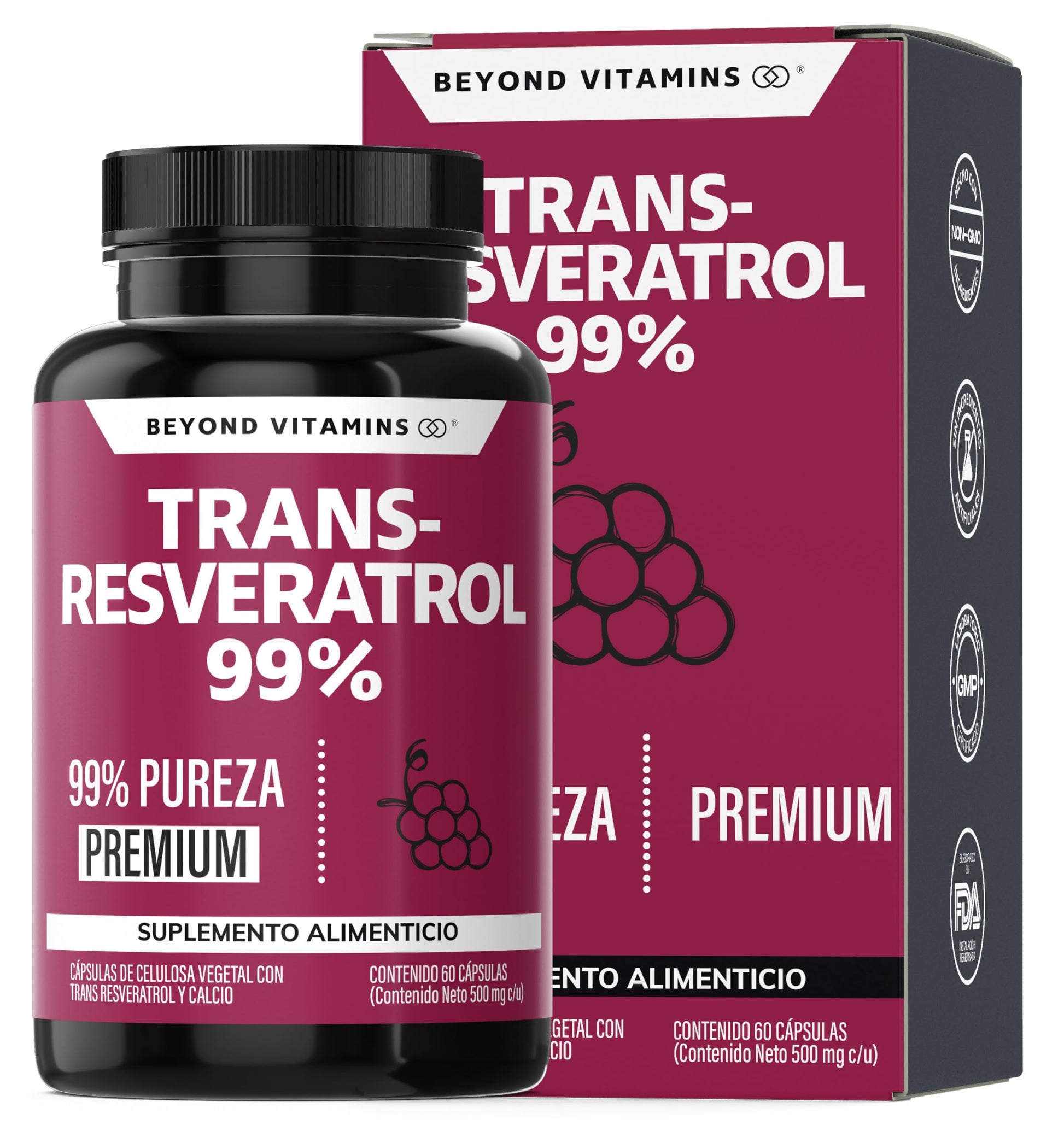 Cápsulas Veganas Beyond Vitamins Blanco Alta Concentración de Resveratrol Calidad Premium 2 Meses