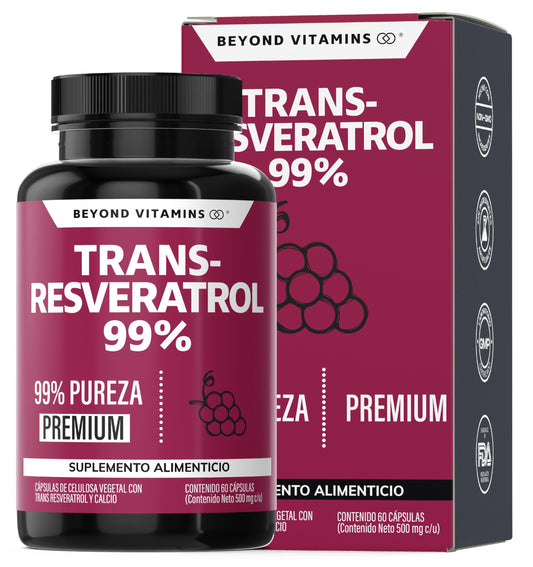 Cápsulas Veganas Beyond Vitamins Blanco Alta Concentración de Resveratrol Calidad Premium 2 Meses