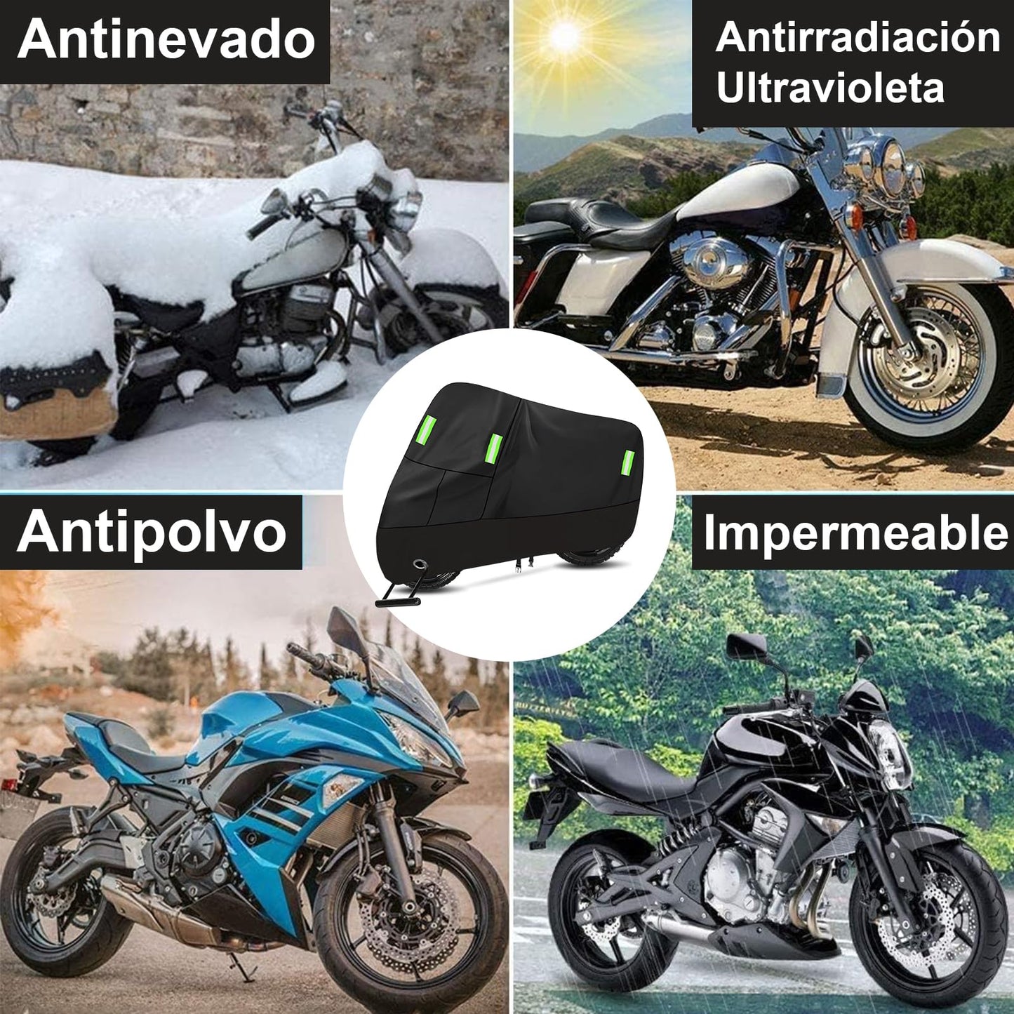 Funda Cubierta Impermeable para Motocicletas, con Tiras Reflectantes y Orificios para Cerradura, Protege contra El Polvo, La Lluvia y La Resina, para Motocicletas como Honda, Yamaha, Suzuki, Harley