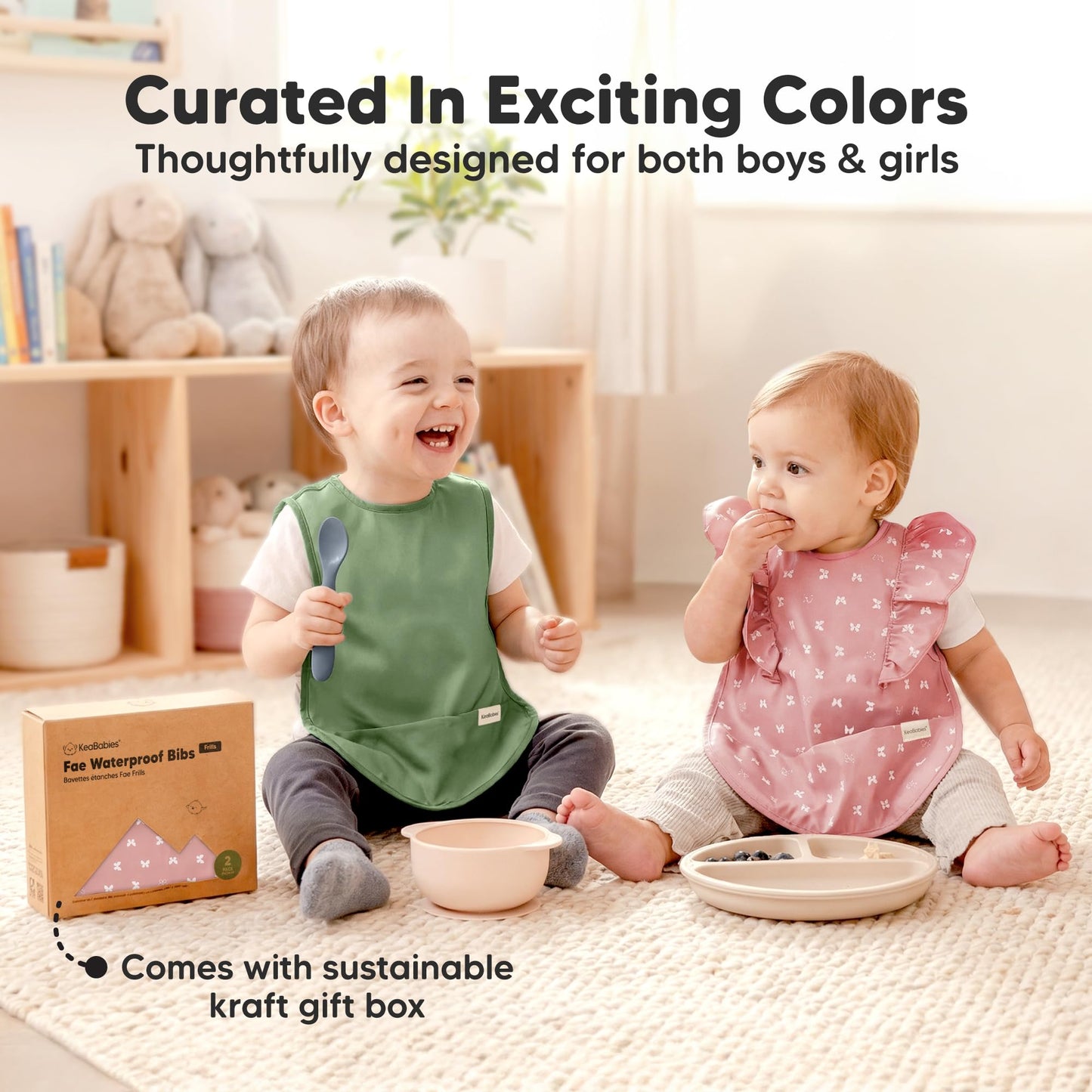 KeaBabies - Baberos impermeables para bebé niña, niño, paquete de 2 baberos ligeros y grandes para comer, colector de alimentos portátil, esenciales de alimentación para bebés de 6 a 12 meses, bata