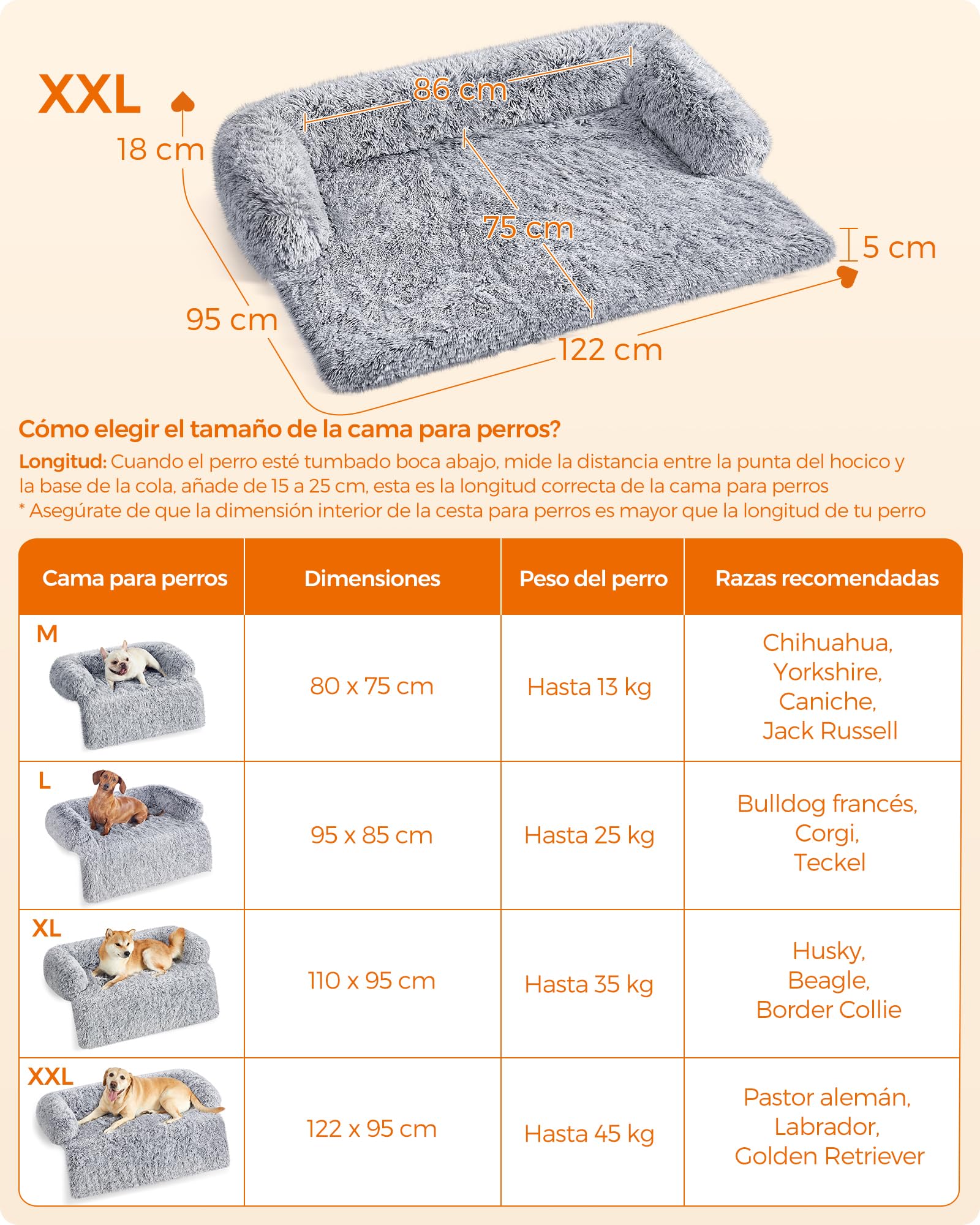 Feandrea Cama para Perros, Funda Protectora para Sofá, 122 x 95 x 18 cm, Tela de Felpa, XXL, para Perros Grandes,Gris Ombré MPGW224G01