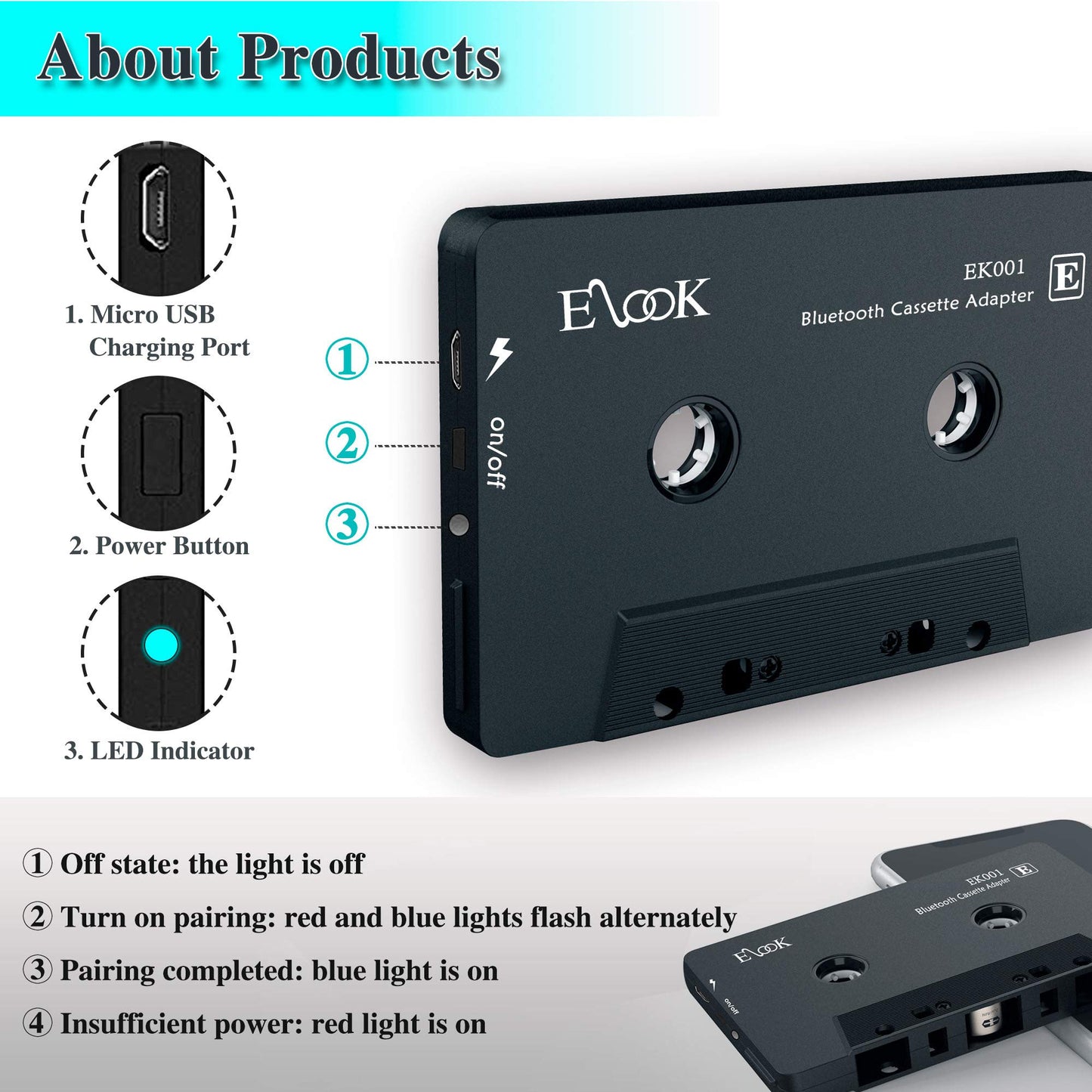 Elook Receptor de Audio para Coche, Receptor de Casete Bluetooth, Adaptador Auxiliar con Bluetooth 5.0