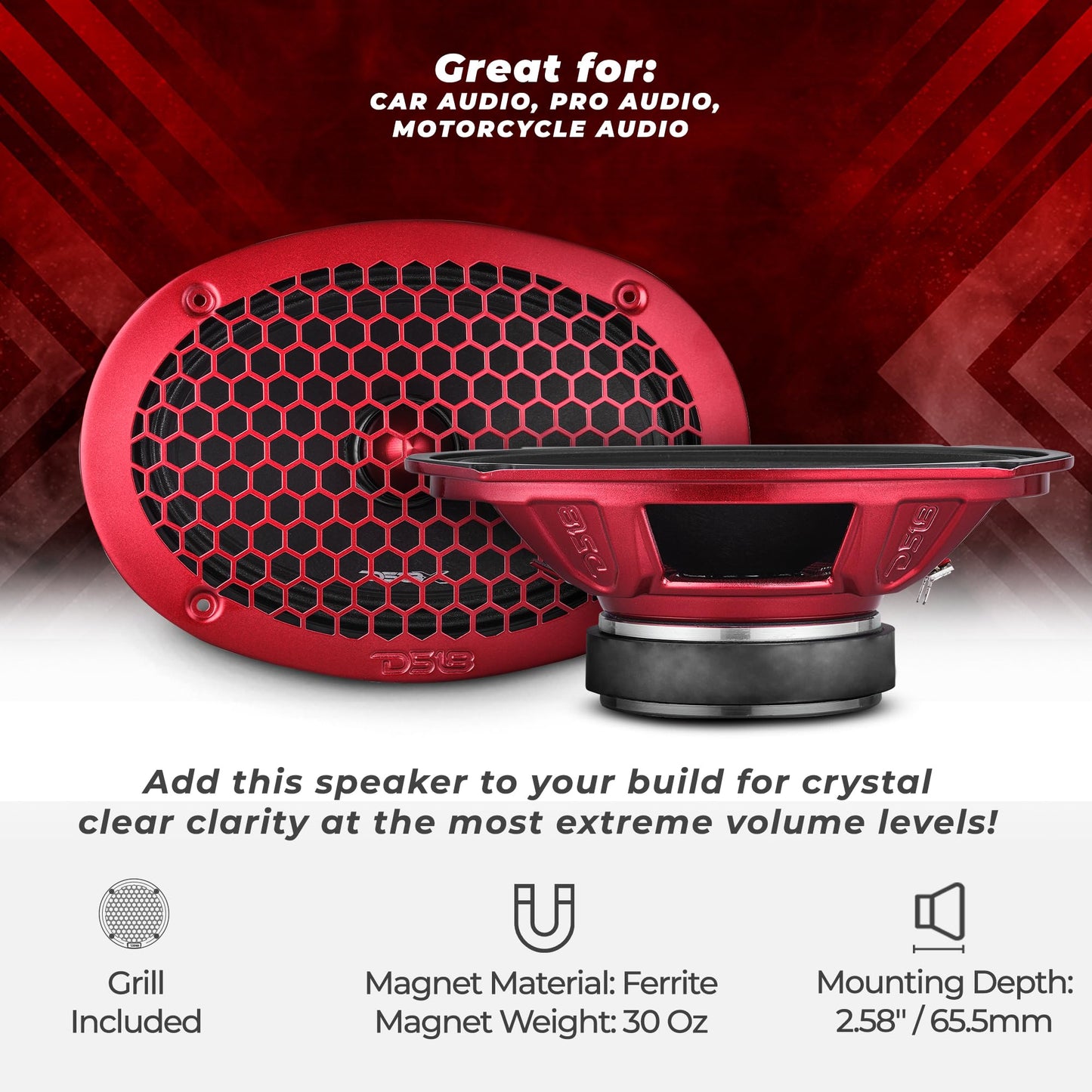 DS18 PRO-X698 BM - Altavoz de 6 x 9, rango medio, bala de aluminio rojo, 400 W máximo, 200 W RMS, 8 ohmios - Altavoces de puerta de audio de calidad premium para coche, camión y motocicleta sistema de