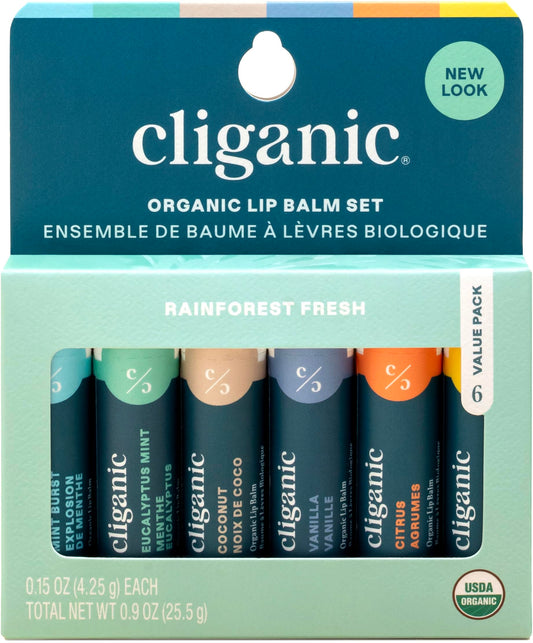 Cliganic Organic Lip Balm Set, 6 pcs - Natural Moisturizer for Cracked and Dry Lips - USDA Organic and Hypoallergenic Lip Balm Pack for Lip Care - Lip Balm for Men and Women - 6 Flavors