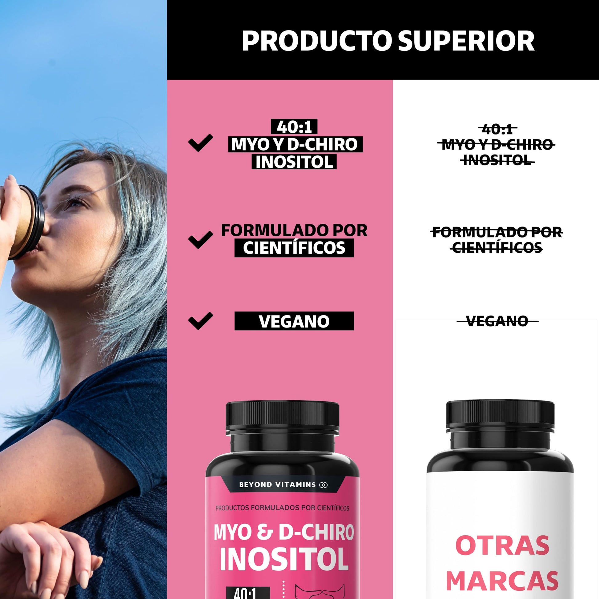 Inositol 40:1 | Myo y D-Chiro Inositol Puro | 45 días | Vitaminas para mujer | Suplemento Alimenticio Beyond Vitamins | Vegano | 60 cápsulas